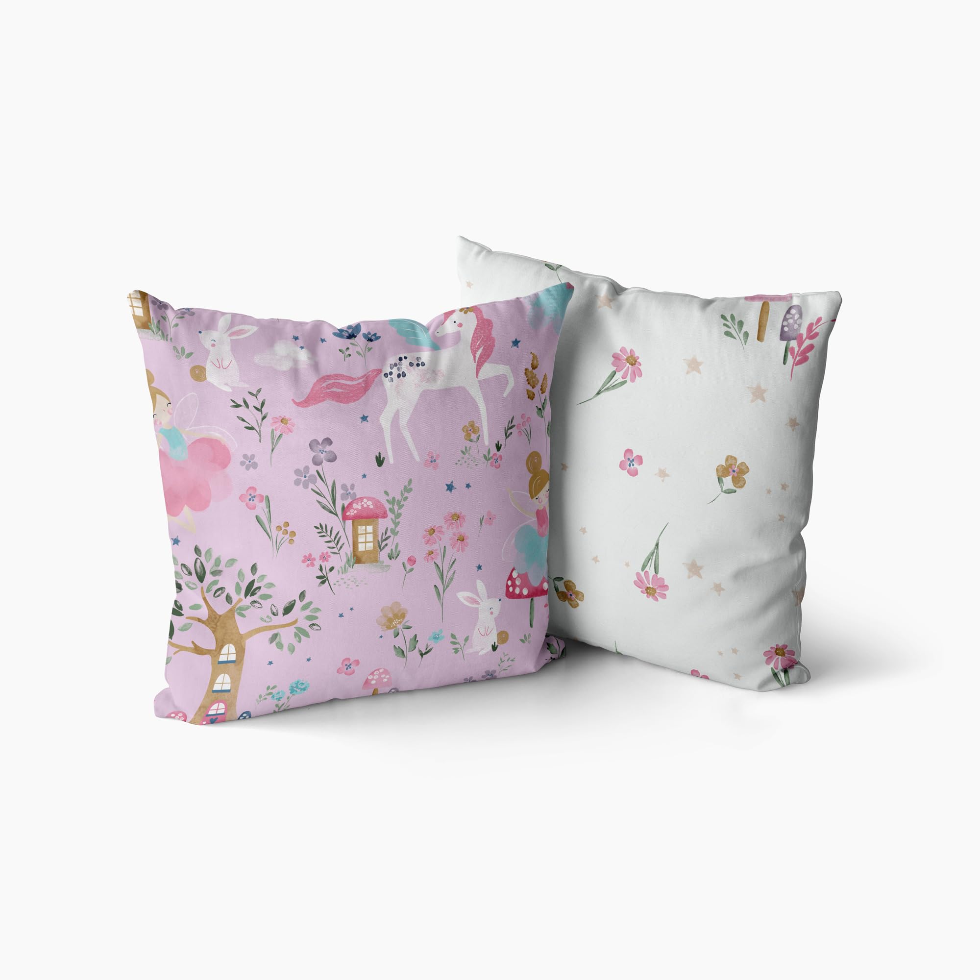 Happy Linen Company Girls Boys Kids Enchanted Forest Unicorn Pink Square 43 x 43 cm Reversible Cushion Covers