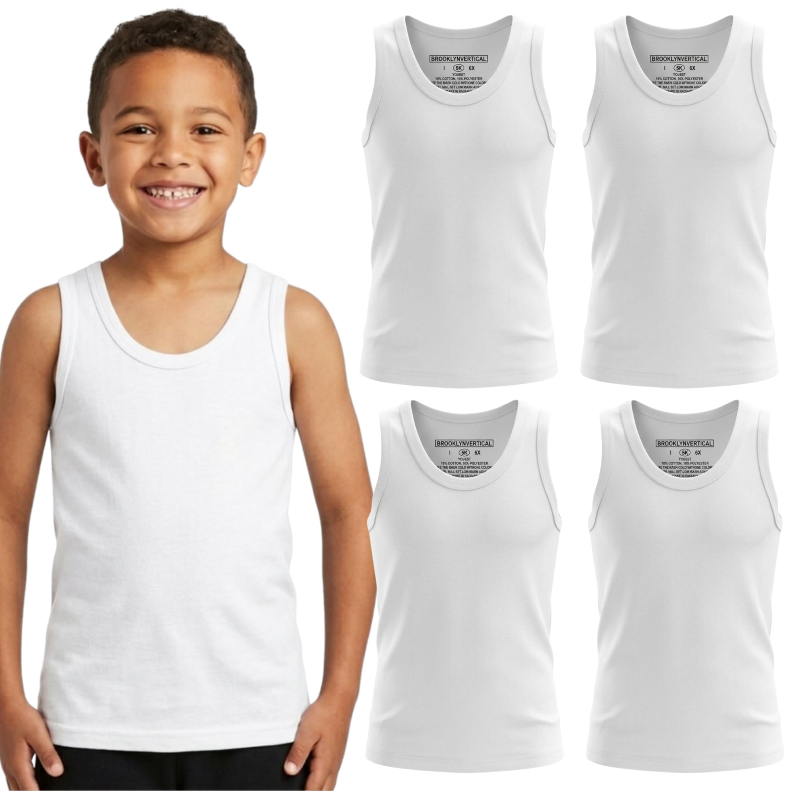 BROOKLYN VERTICAL Boys 4 Pack Undershirt Tank Top - Tagless Cotton Super Soft Runs Small