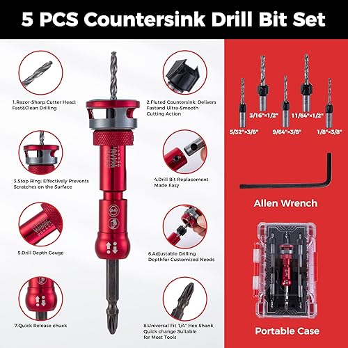 Miniatura 2 de Broca avellanadora, 5 brocas avellanadas con punta de carburo de 82 grados con vástago hexagonal de liberación rápida de 14 con tope de profundidad