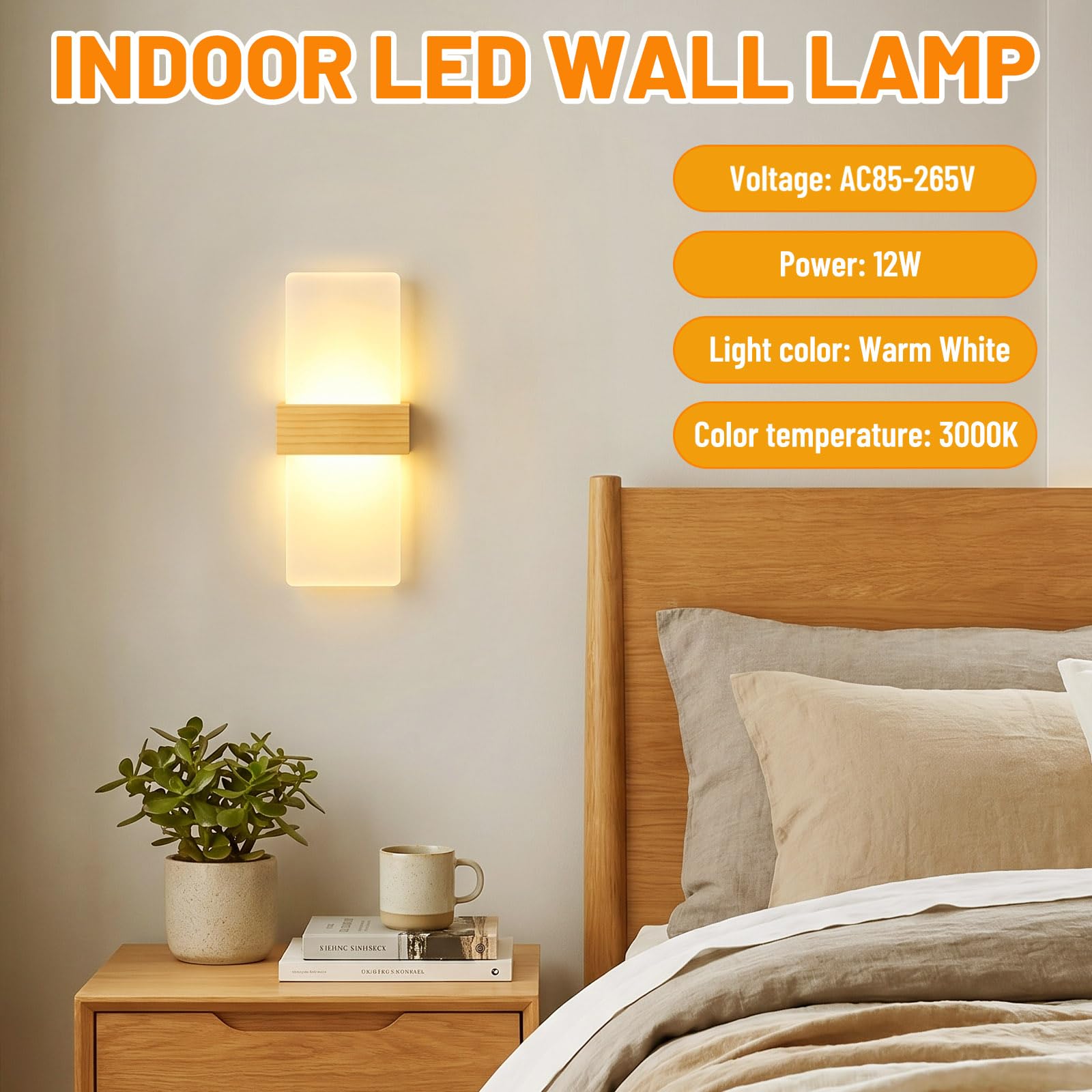 2 pièces Applique Murale Intérieure Bois 3000K Blanc Chaud 12W Lampe Murale Chambre LED Moderne en Acrylique Applique Murale Éclairage Haut et Bas pour Couloir Escalier Chambre Salon