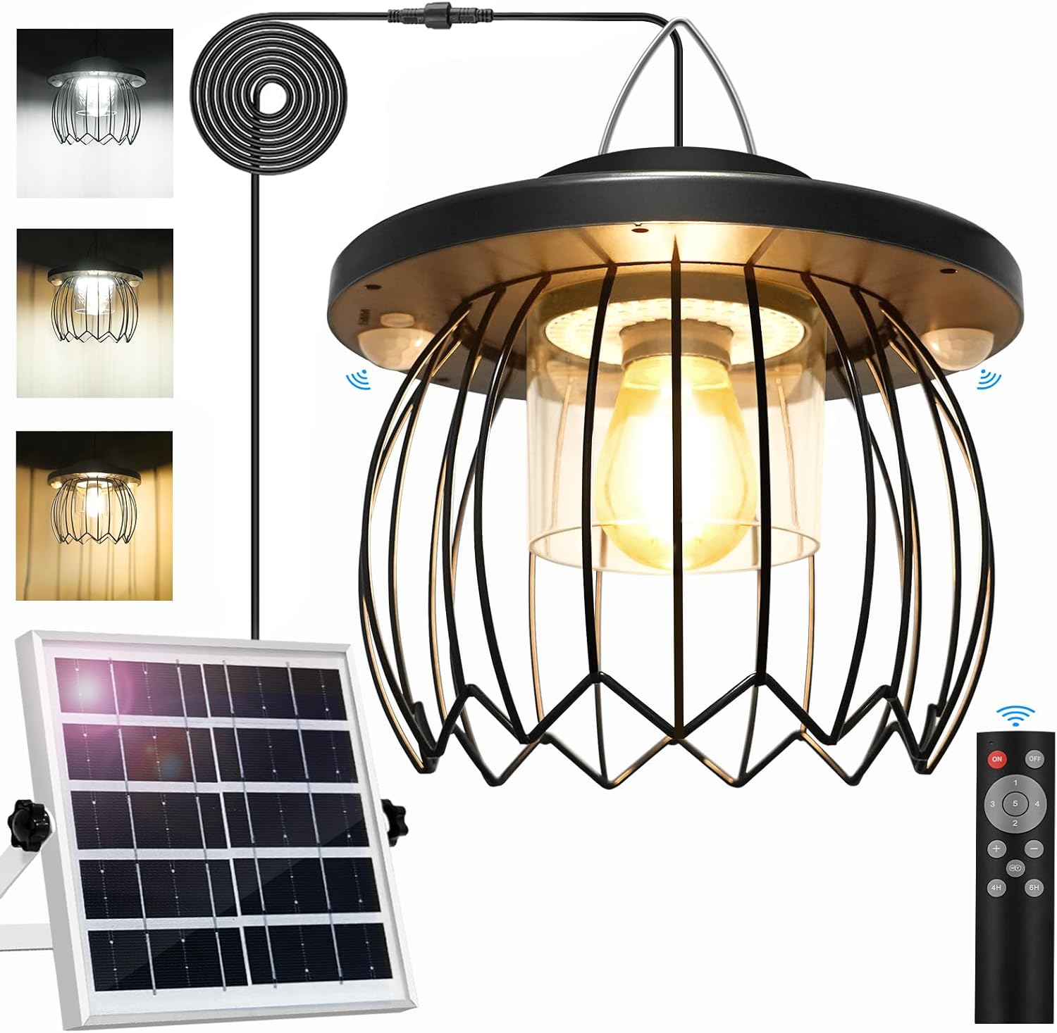 Solar Shed Light Work Day & Night, Bright 3000LM 5 Modes Solar Powered Gazebo Lights Outdoor Hanging Lamps for Chicken Coop Garage Porch Barn Indoor with Remote, 3 Color Temps, Double Motion Sensor