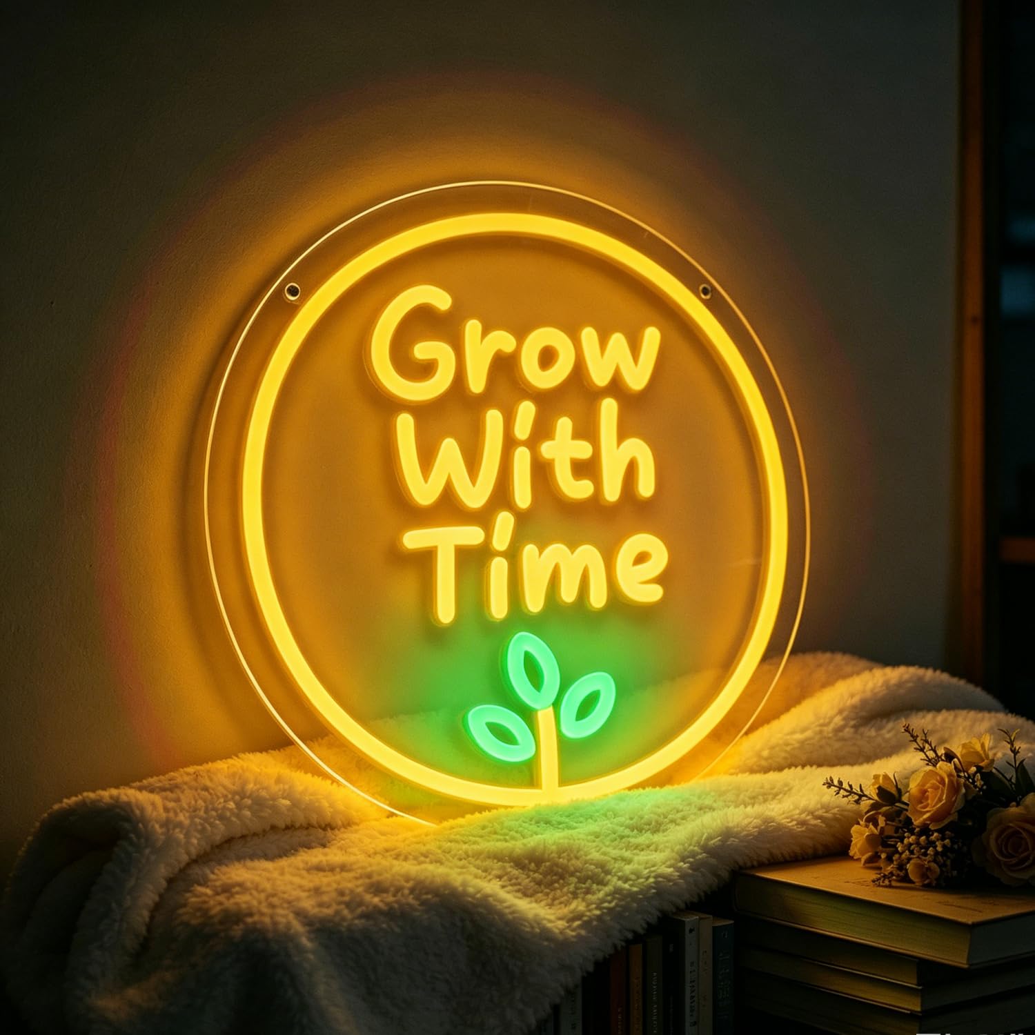 Grow With Time Neon Sign for Backdrop Wall Decor, Dimmable LED Light Up Sign for Boys Girls Birthday Party Baby Shower Gender Reveal Nursery Wedding Engagement, Gift for Couple USB Powered 11.8”x11.8”