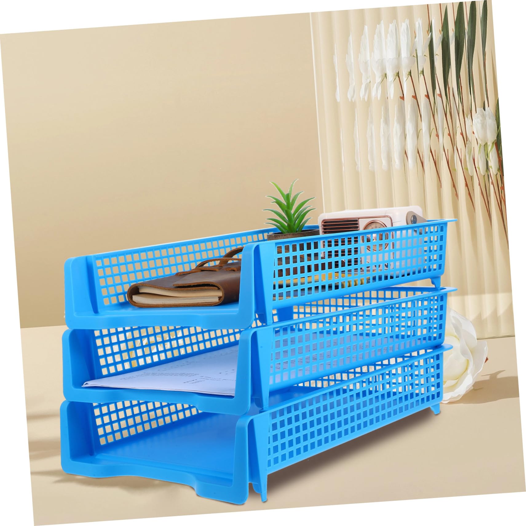 Homoyoyo Set da 3 Vaschette Portadocumenti Impilabili in Plastica Blu, Organizer Multifunzionale per Ufficio e Aula Design Minimale e Funzionalità Versatile