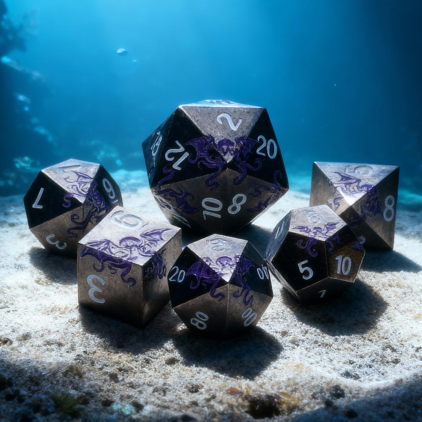 Set Dadi in Metallo–Design Polpo,7 Pezzi D4 D6 D8 D10 D12 D20 D00,Dadi Poliedrici Premium per RPG e Giochi da Tavolo,Scatola Regalo Magnetica (Nero Viola)