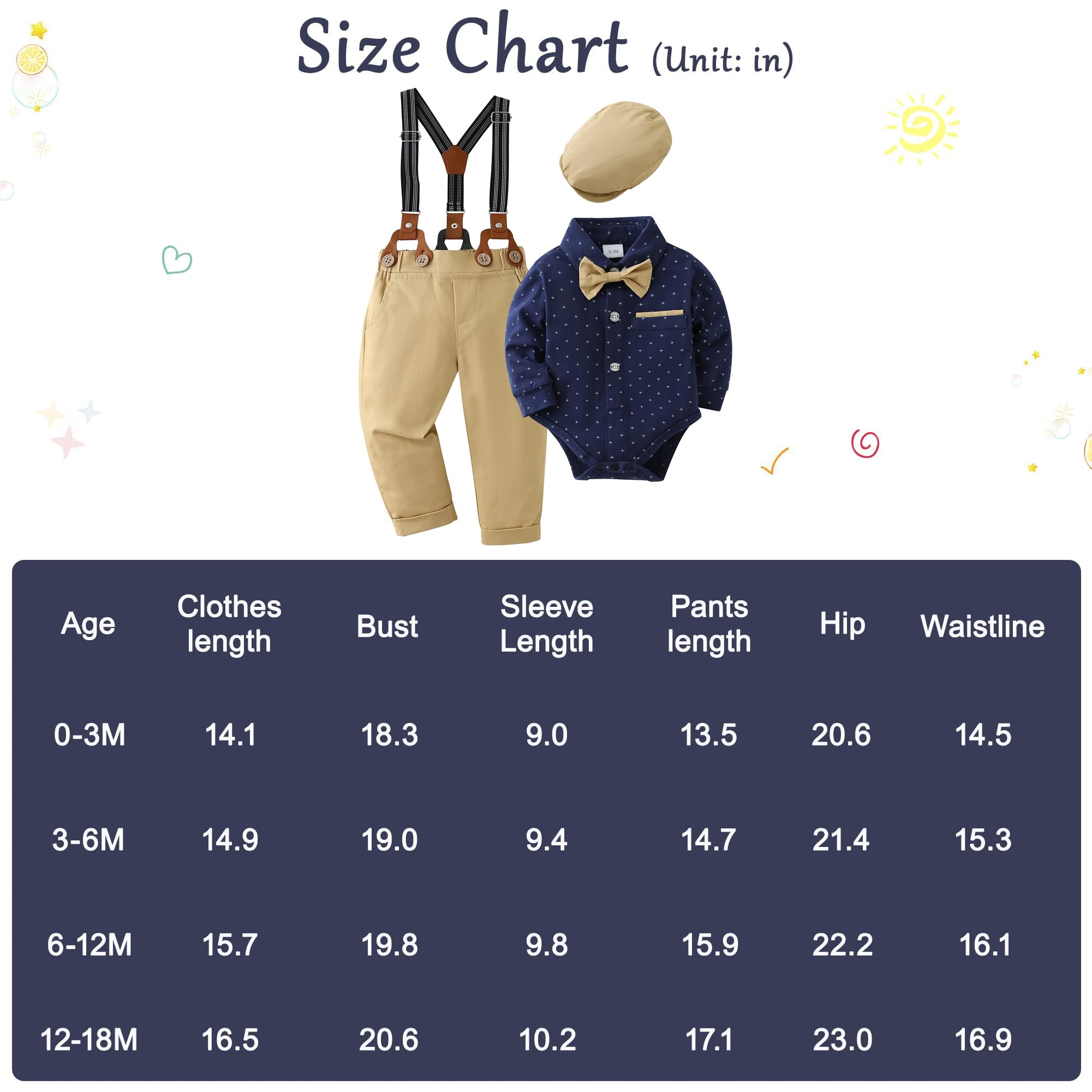 Zoerea Bimbo Neonato Completini Gentiluomo 0-18 Mesi Battesimo Abbigliamento Set Pagliaccetto con Fiocco + Bretelle Pantaloni + Berretti