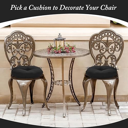 Miniatura 7 de LOVTEX Bistro - Juego de 2 cojines redondos para sillas de exterior de 15 pulgadas, impermeables, redondos, con lazos, cojines negros para sillas de