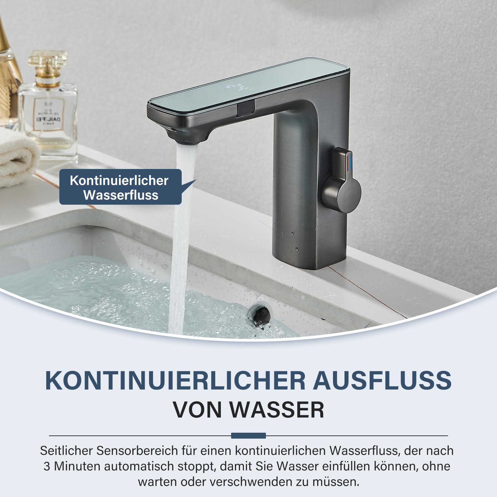 Grifo con sensor infrarrojo baño gris, sensor automático mezclador baño pantalla pantalla caliente agua fría grifo mezclador grifo lavabo