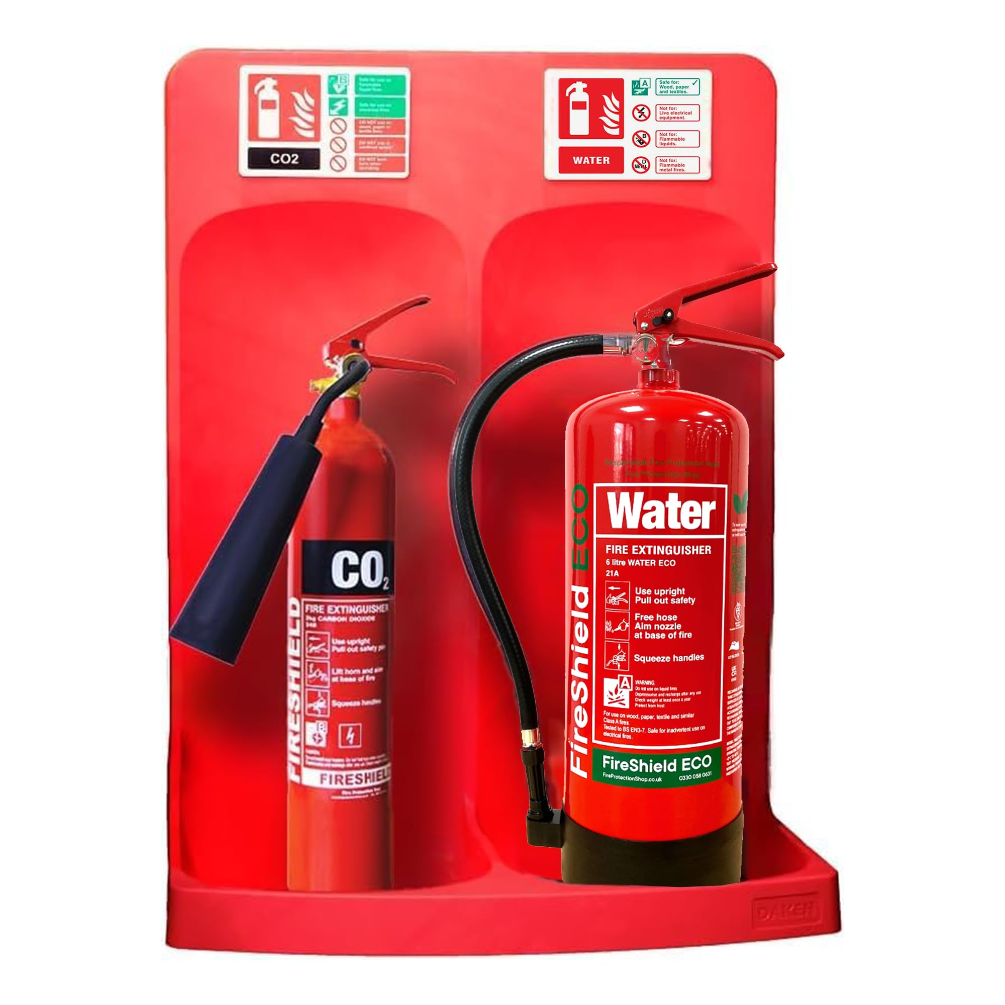 Double Red Fire Extinguisher Stand Complete w/ 2kg Co2 Fire Extinguisher, 6ltr ECO Water Fire Extinguisher & Matching Signs - FireShield