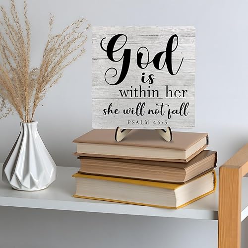 Miniatura 7 de Letrero de madera inspirador cristiano, versículo de la Biblia, Salmo 465, letrero de madera con texto en inglés "God is Within Her, She Will Not