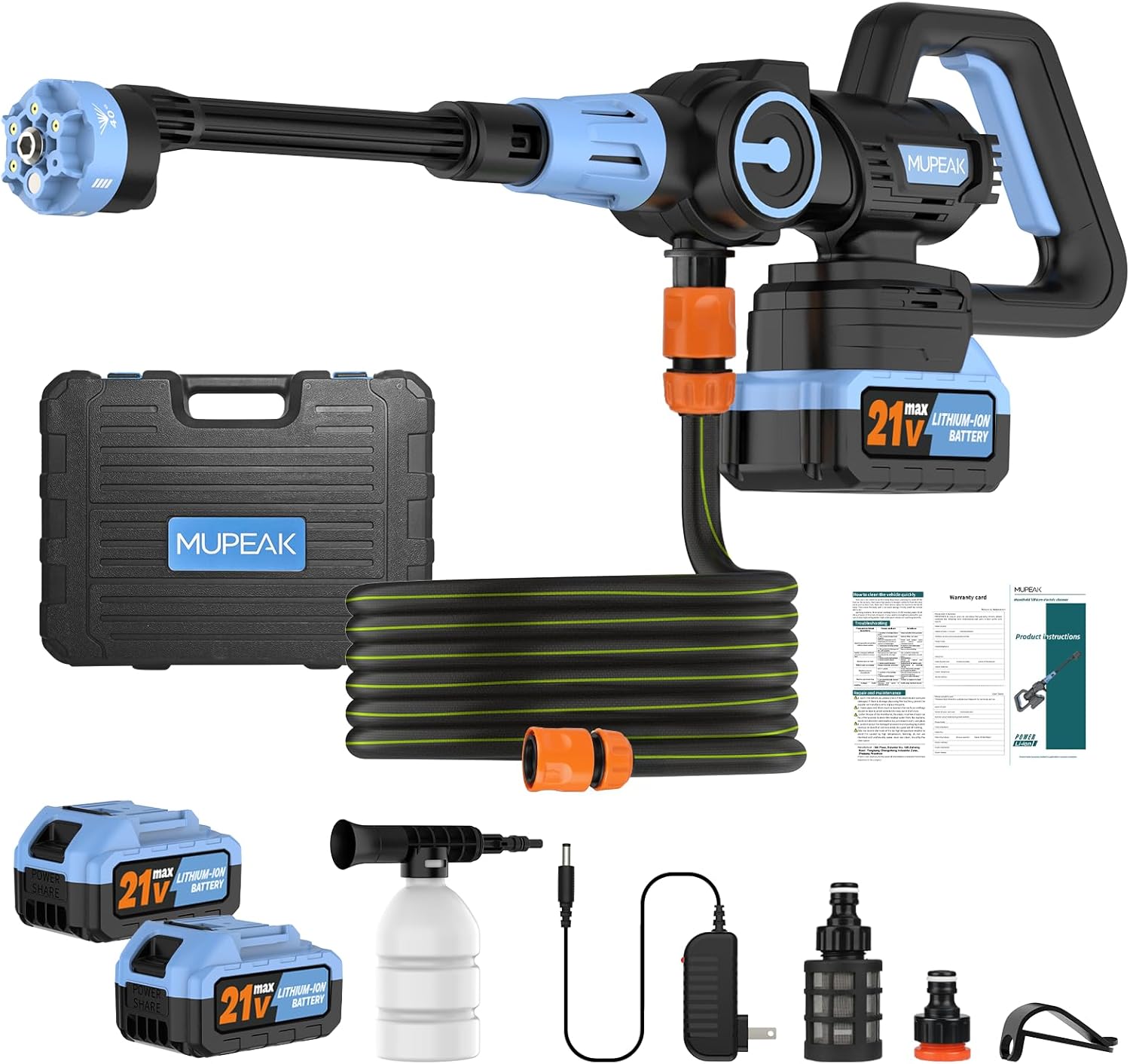 Portable Cordless Pressure Washer, Brushless Cordless Power Washer with 2 Batteries, 1100PSI/6 in 1 Nozzle/3 Speed Adjustable, 4.0Ah Battery Power Washers for Car Washing, Yard Cleaning