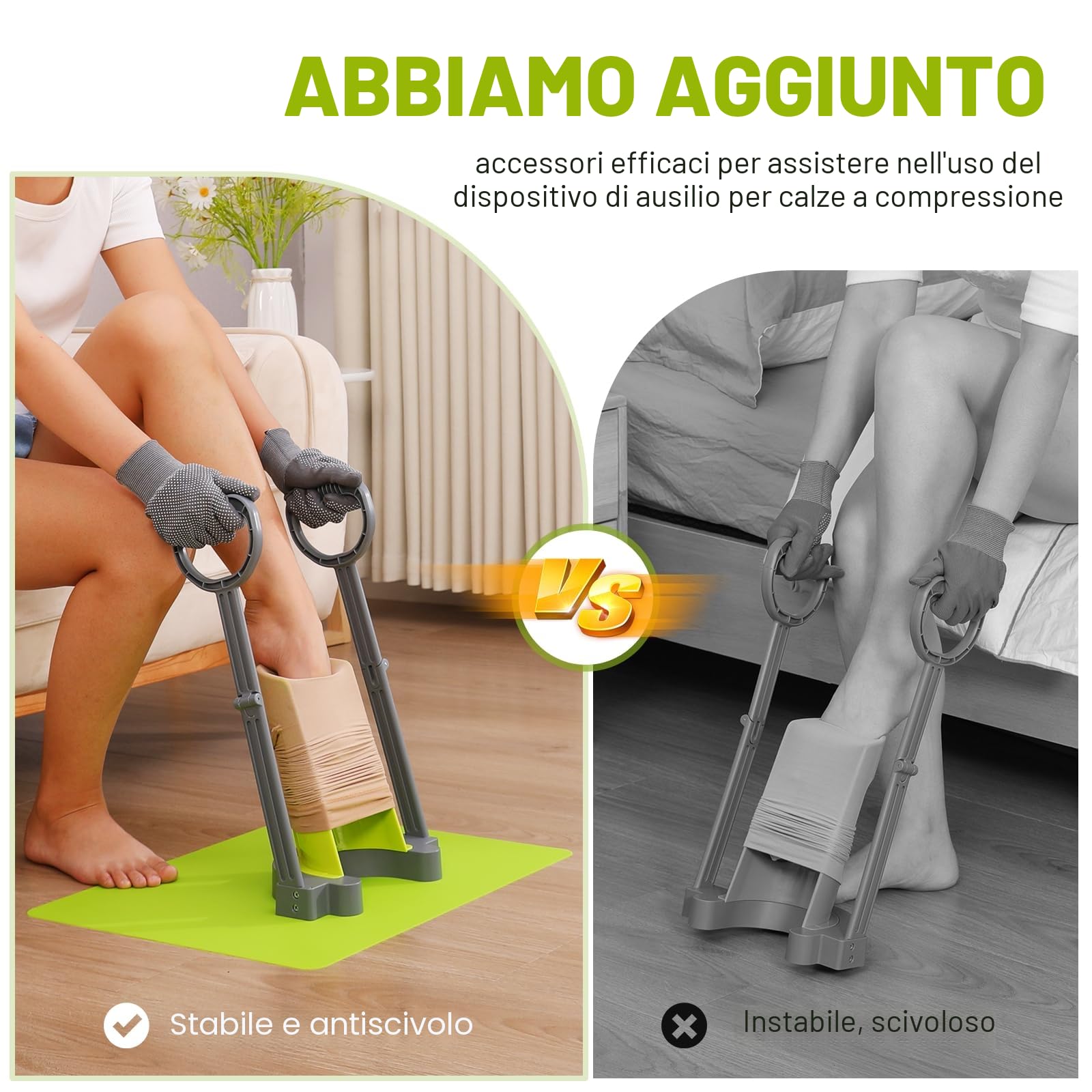Supporto per calze a compressione e calze di supporto, con tappetino antiscivolo in silicone, senza piegarsi, con guanti speciali per calze a compressione