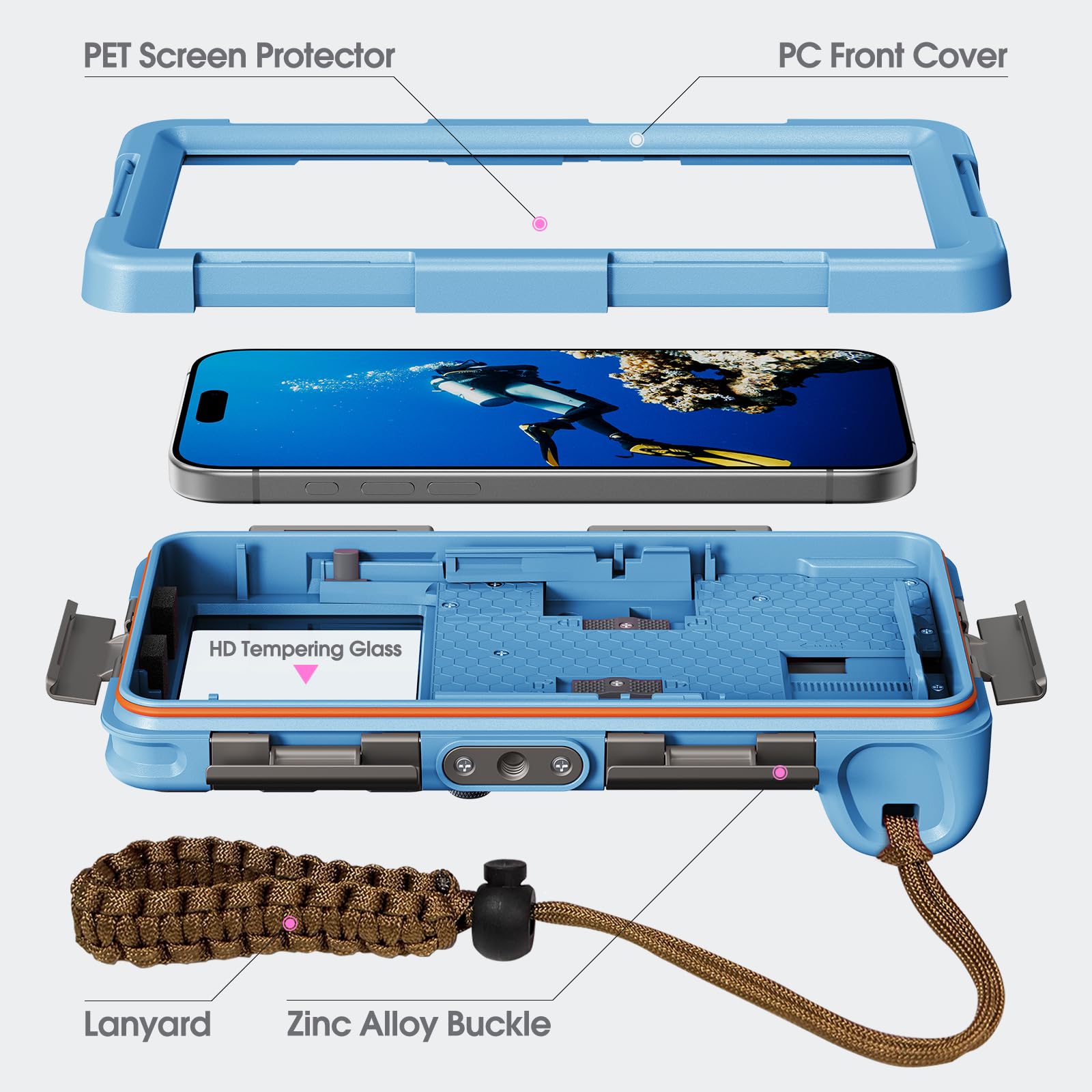2026 - Funda para iPhone 16/15/14/13/12 Pro Max/XR/XS/X Galaxy S24/S23/S22.[15 pies] Funda impermeable profesional de buceo bajo el agua, video fotográfico, color azul