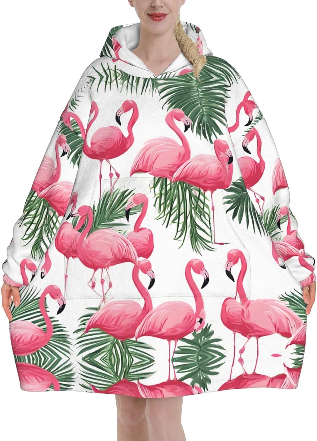 Flamingo Flowers Print Blanket Hoodie Fleece Sweatshirt Blanket With Sleeves And Pockets