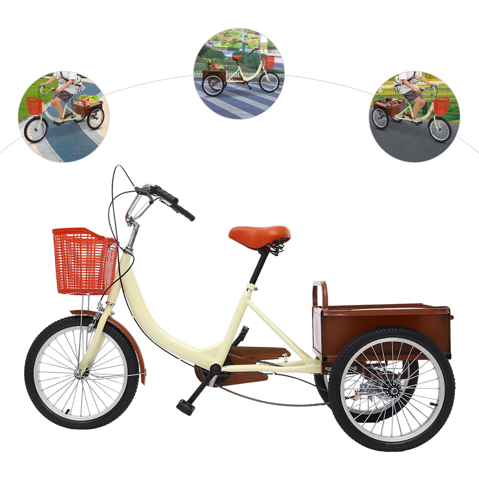 MINRS Triciclo para adultos, 18 pulgadas, altura ajustable, 3 ruedas, bicicleta de compras City con cesta de la compra, triciclo de crucero para adultos, triciclo para actividades al aire libre
