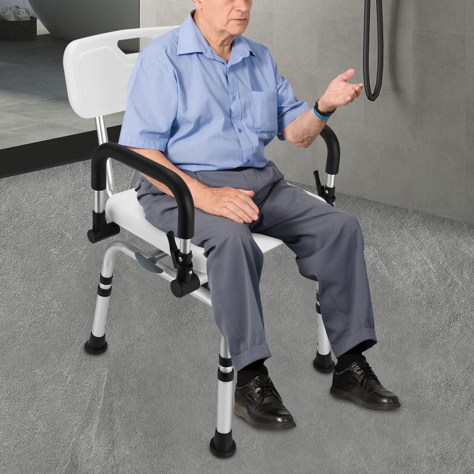 Silla de ducha giratoria de 360°, con reposabrazos y respaldo, silla de ducha de altura ajustable, capacidad de carga de 396,83 libras, soporte de pulverización de mano, ventosa de goma, para ancianos