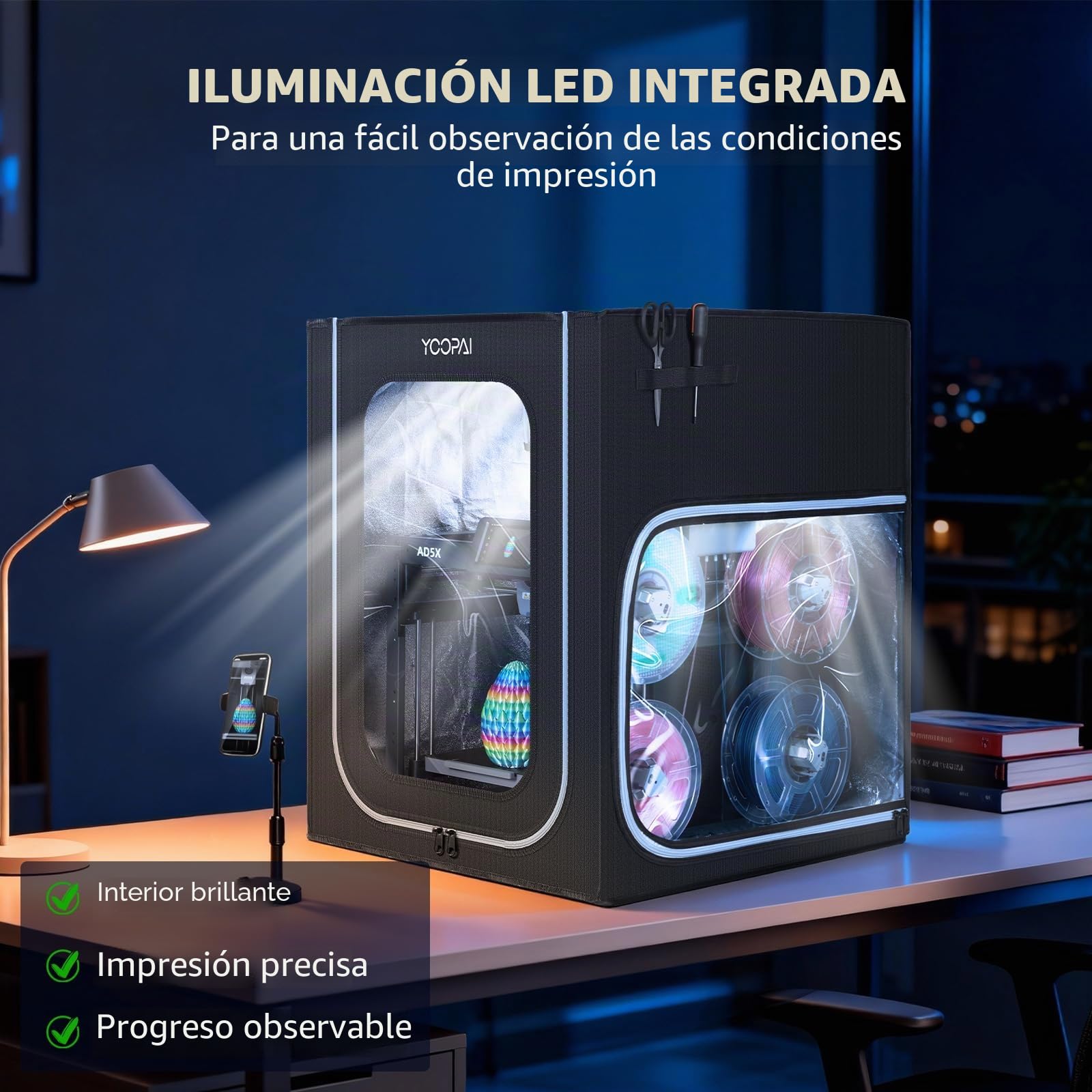 YOOPAI Cubierta para Impresora 3D con Luz LED para AD5X / AD5M, Caja Antipolvo de Temperatura Constante, Ignífuga y Aislante de Ruido