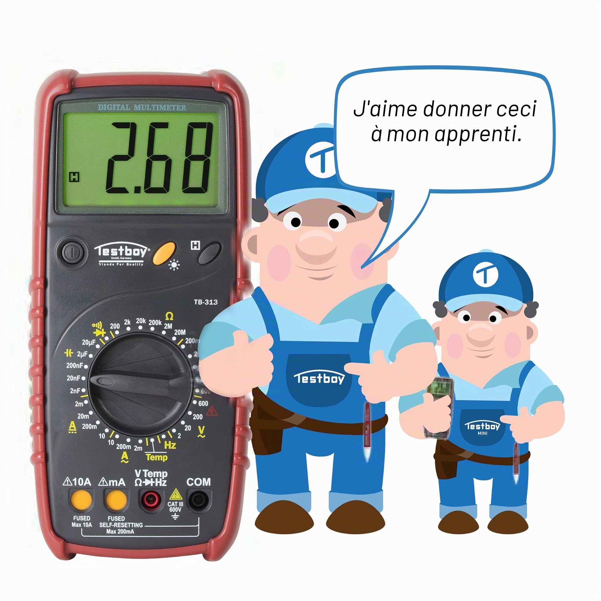 Testboy 313 Multimètre numérique (protection de plage automatique, grand écran LCD avec rétroéclairage, mesure de température, CAT III 600 V, boîtier en plastique ABS), rouge/noir
