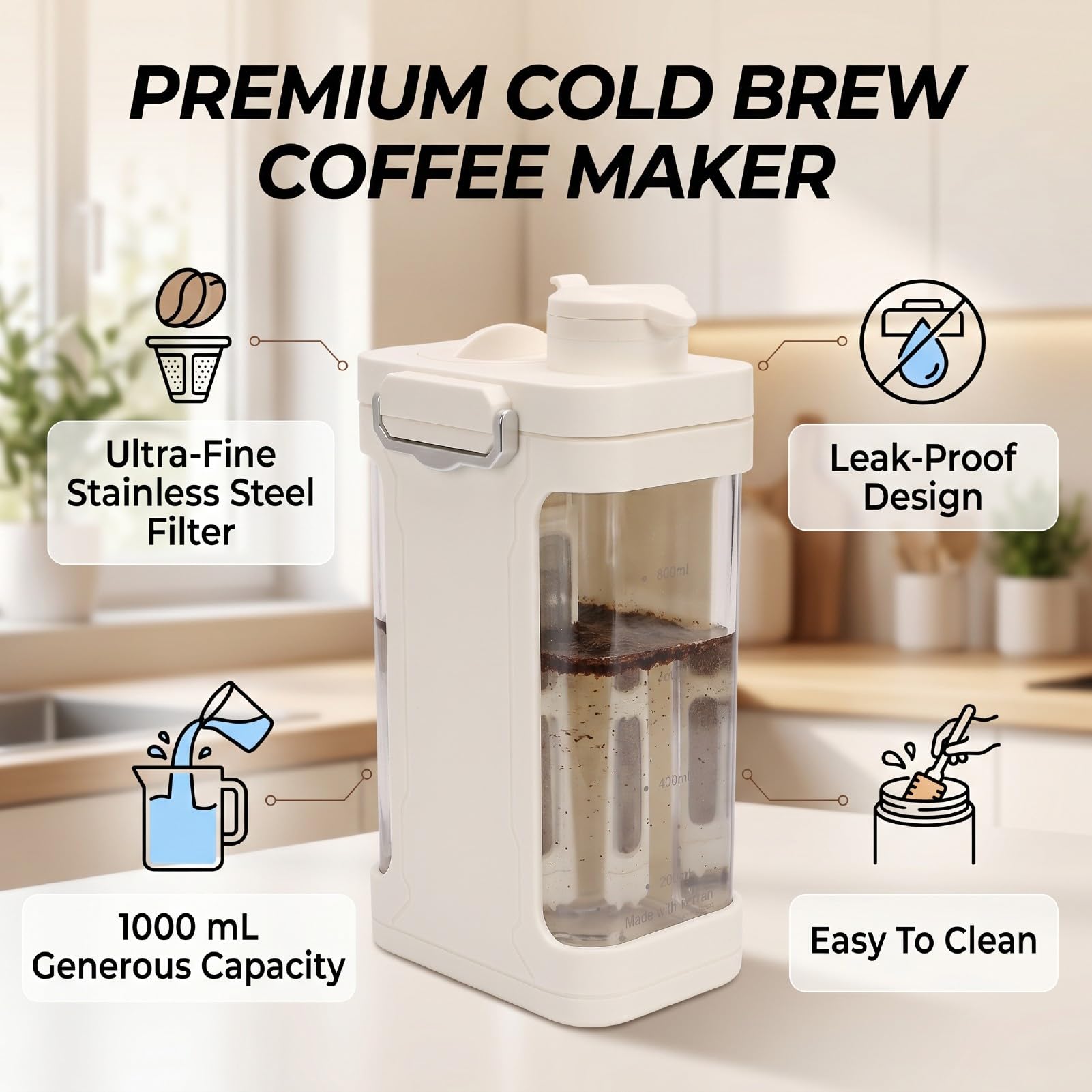 Chrees **Infuseur à café Froid 1000ML Filtre en Acier Inoxydable étanche**