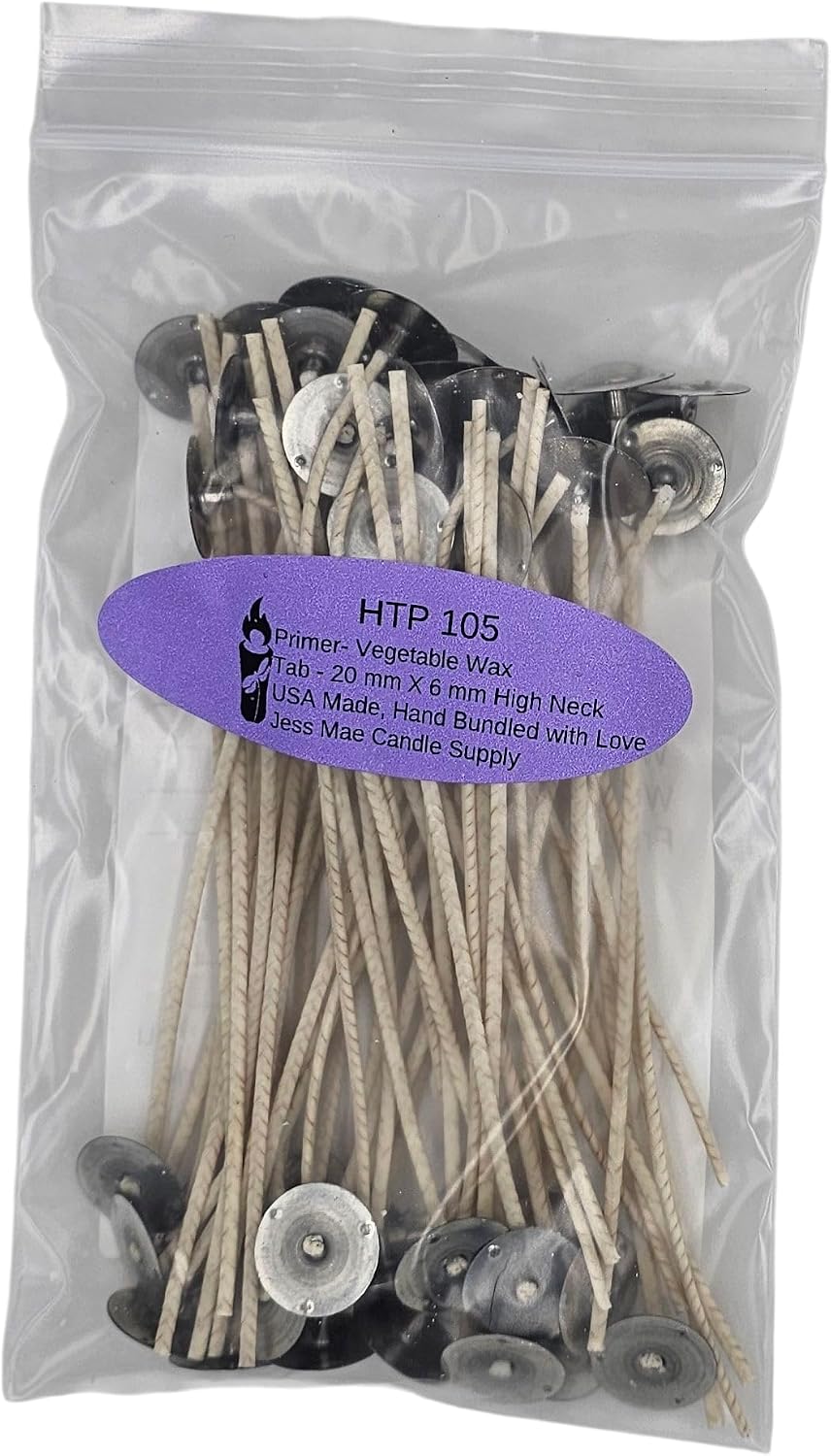 50 Pack | HTP 104 Candle Wicks | 6 Inch | Pre-Waxed & Pre-Tabbed | Vegetable Wax Primer & Metal Sustainer Tabs | DIY Candle Making Supplies | for Soy, Paraffin, Beeswax & Gel Candle Making