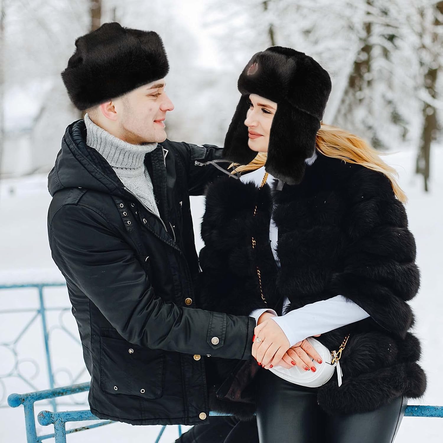 SATINIOR 2 Pieces Army Winter Hats Faux Fur Cap Cossack Trapper Black Beanie Flaps Hat with Badge for Men