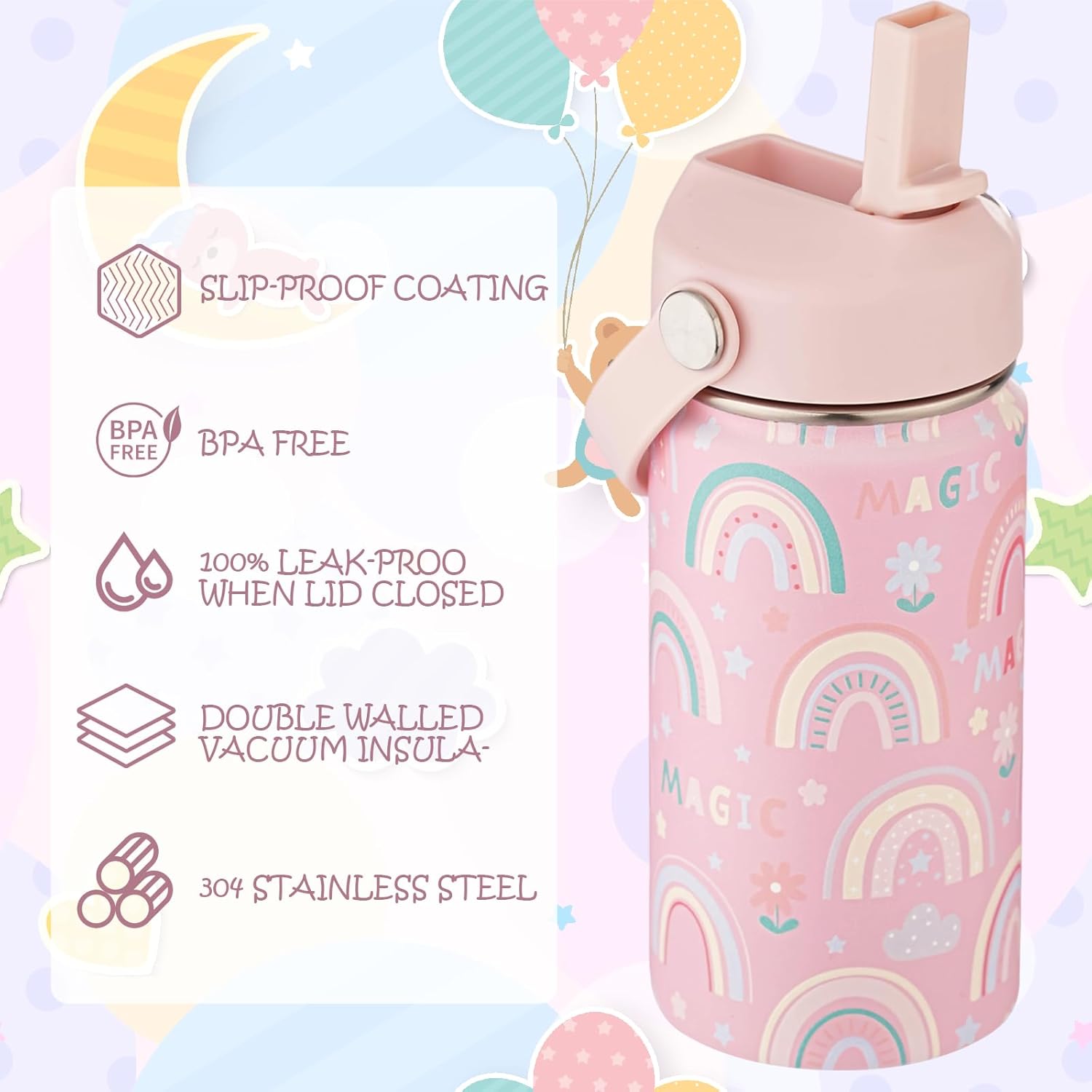 Kids Water Bottle with Straw 12 oz - Insulated Stainless Steel Sports Bottle, Leakproof Wide Mouth Thermal Cup with Straw & Handle Lids for School Travel Outdoor Activities - Image 2