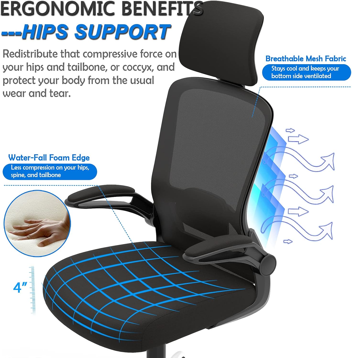 Ergonomic Office Chair, Home Office Desk Chair with Adjustable Headrest & Lumbar Support. High Back Mesh Computer Chair with Thickened Cushion &Flip-up Armrests, Task Executive Chair for Home Office : Home & Kitchen