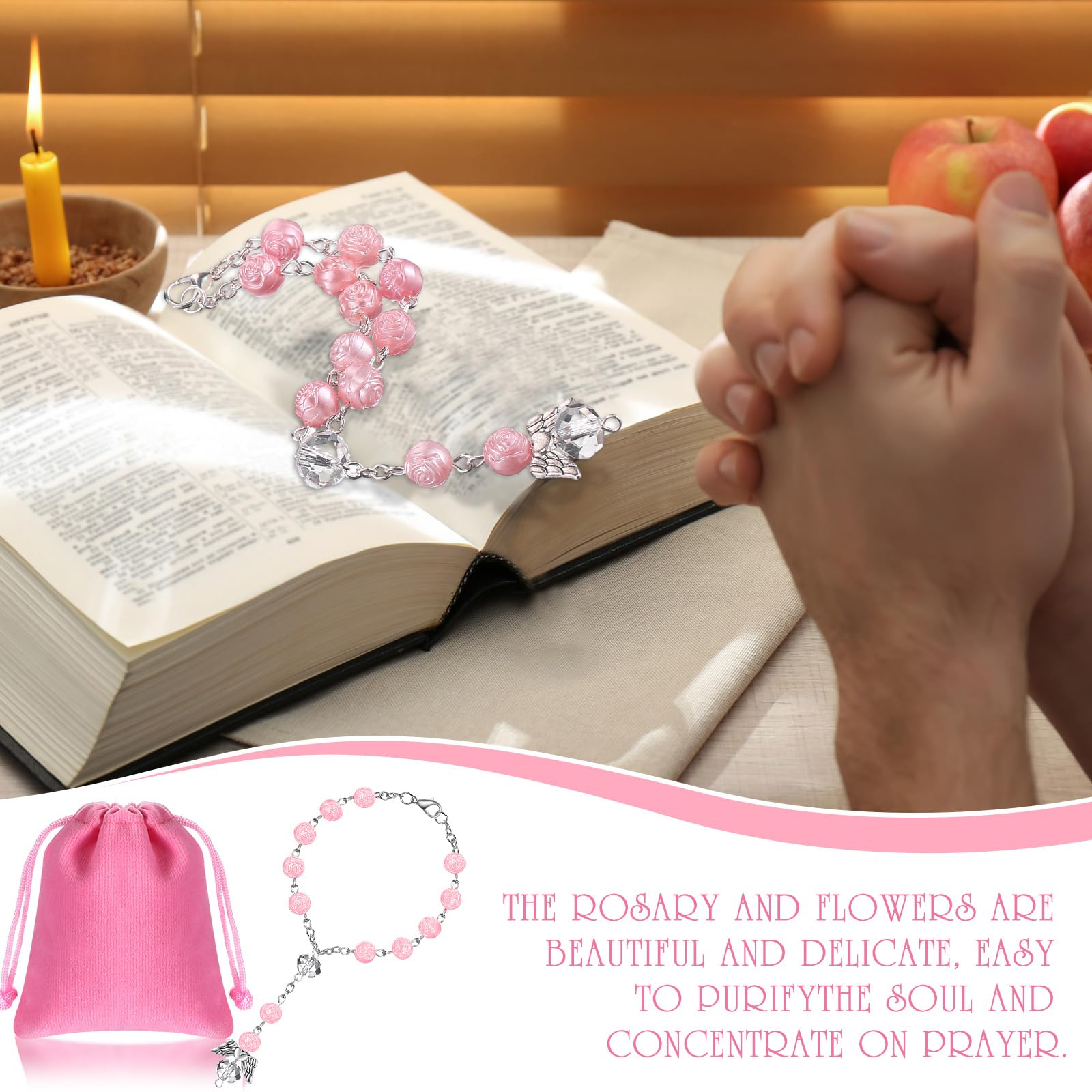 Rosario da Auto Angelo Custode Borsa Regalo in Velluto Bianco Corto da Uomo e Donna Idea Regalo per Autisti Ornamento da Appendere Rosa