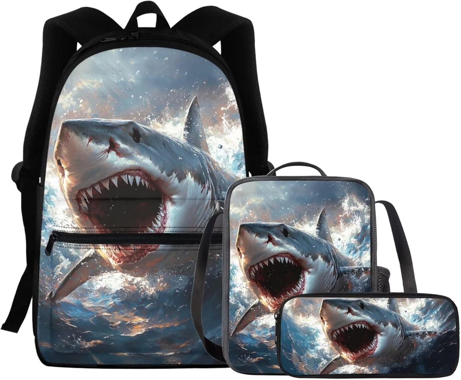 FKELYI Deer 15 Inch School Bags for Kids Boys Ages 3-6 Retro American Flag 3 Piece School Backpacks with Lunch Bag and Pencil Holder Set Front Zipper Pocket Bookbag Set