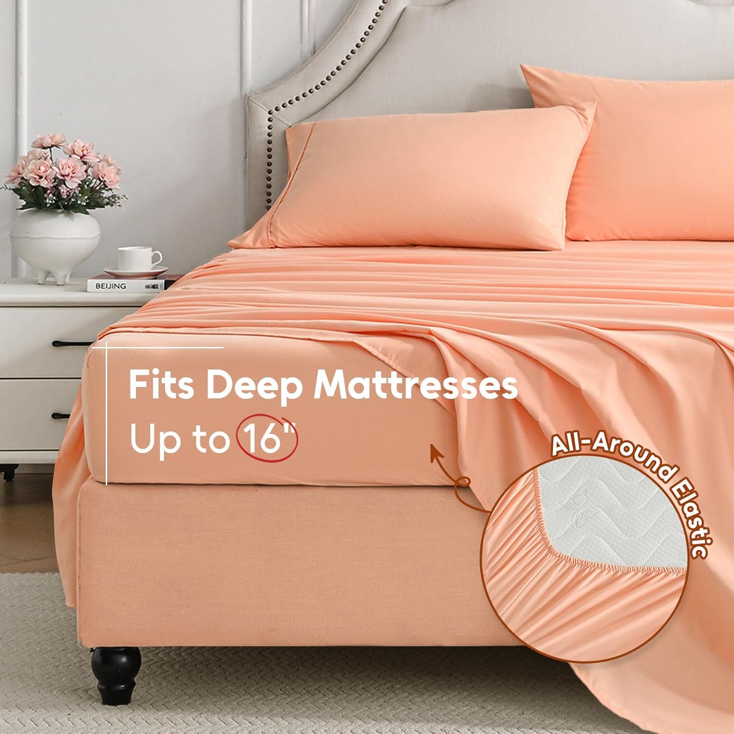 Queen Sheet Set, 4 Pieces Hotel Luxury Soft Microfiber Queen Bed Sheets Set, Up to 16" Deep Pockets, Oeko-Tex Sheets with Elastic, Breathable, Wrinkle Free (Peach Pink, Queen) - Image 3