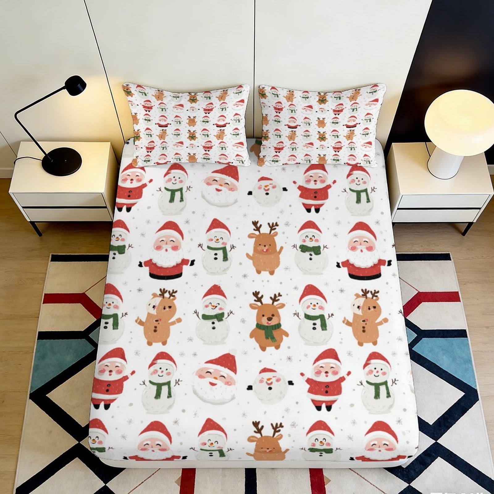 3D Printed Christmas Santa Reindeer Fitted Sheet Microfiber Soft Festive Snowman Mattress Cover for Bedroom Holiday Decor 180x200x25cm
