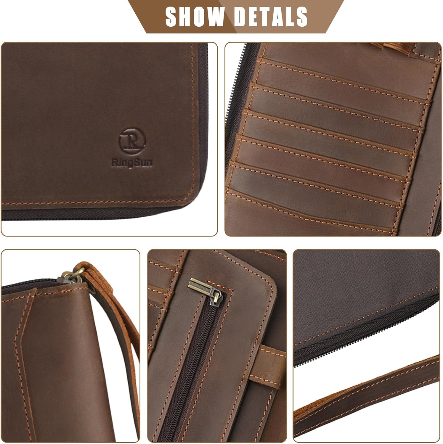 Ringsun Genuine Leather Portfolio with Zipper, Padfolio Portfolio Organizer Folder for Men Women, Professional Business Card Holder for A5 Letter Size Notepad, Resume, Writing Pad, Pen Loop