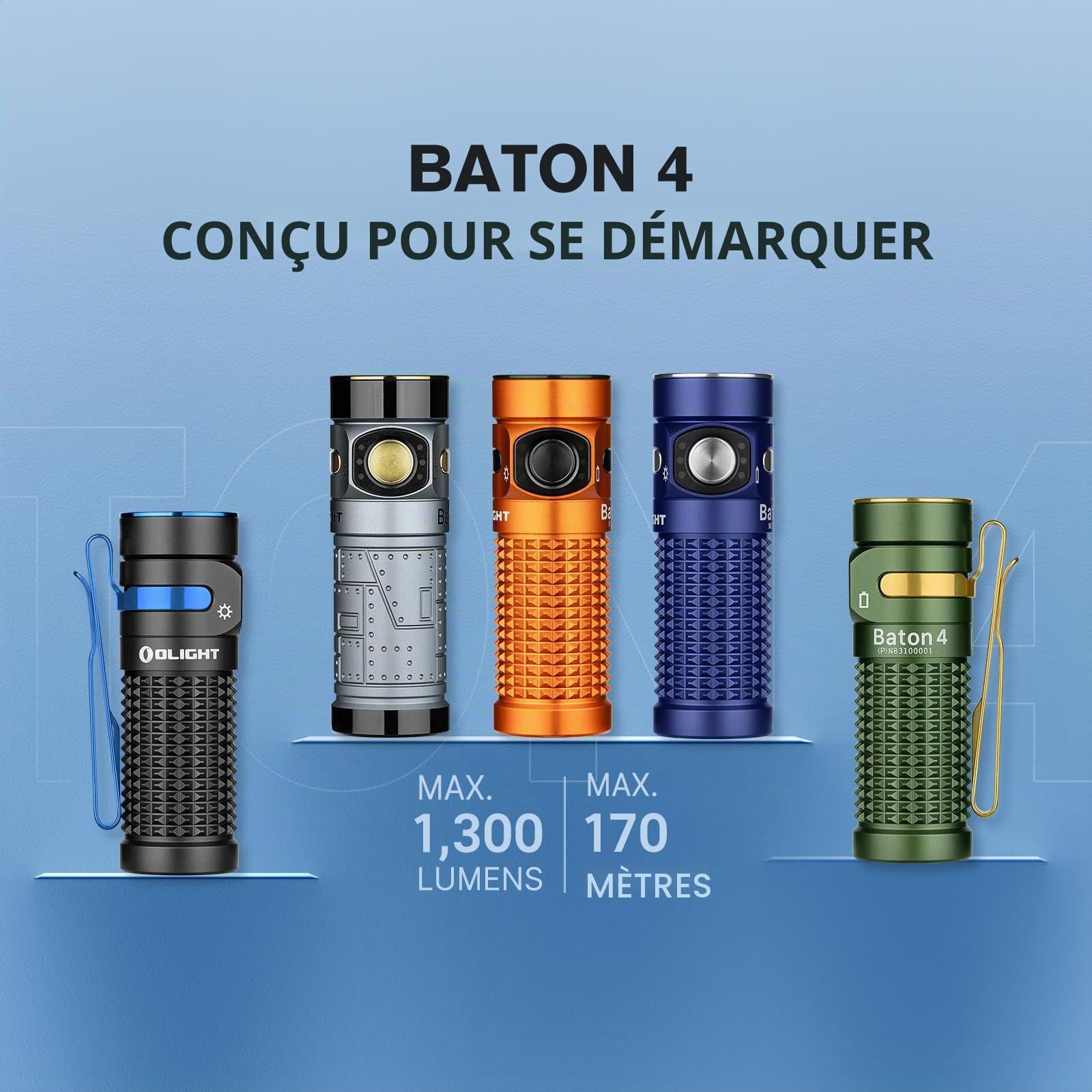 OLIGHT Baton 4 Lampe de Poche Rechargeable LED Étanche Camping Urgence | Jusqu'à 1300 lumens, portée 170 m. Mini lampe torche ultra-lumineuse à 6 modes, autonomie jusqu'à 30 jours, étanche IPX8.