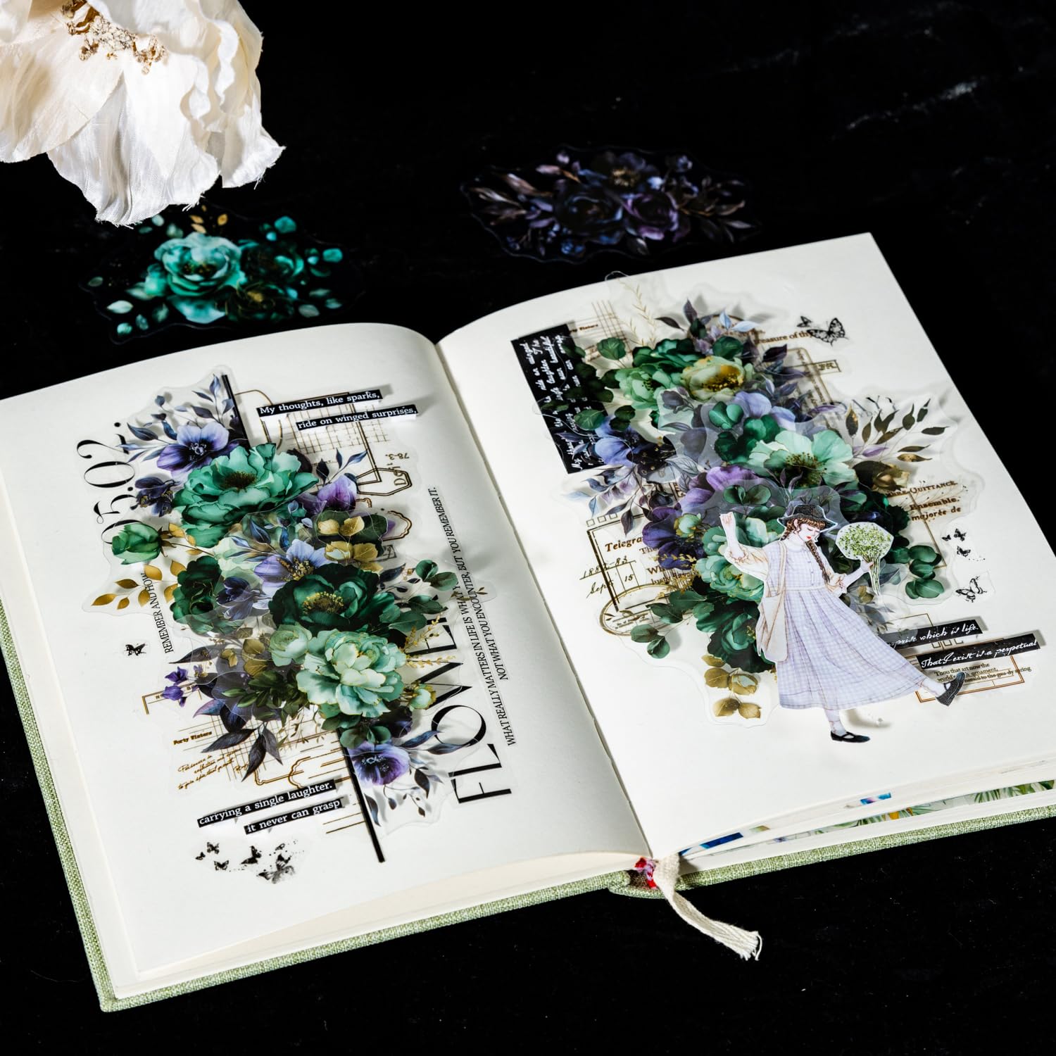 Calcomanías PET Blooming in The Dark Night, 120 calcomanías góticas florales oscuras para álbumes de recortes, diario, suministros de collage y manualidades