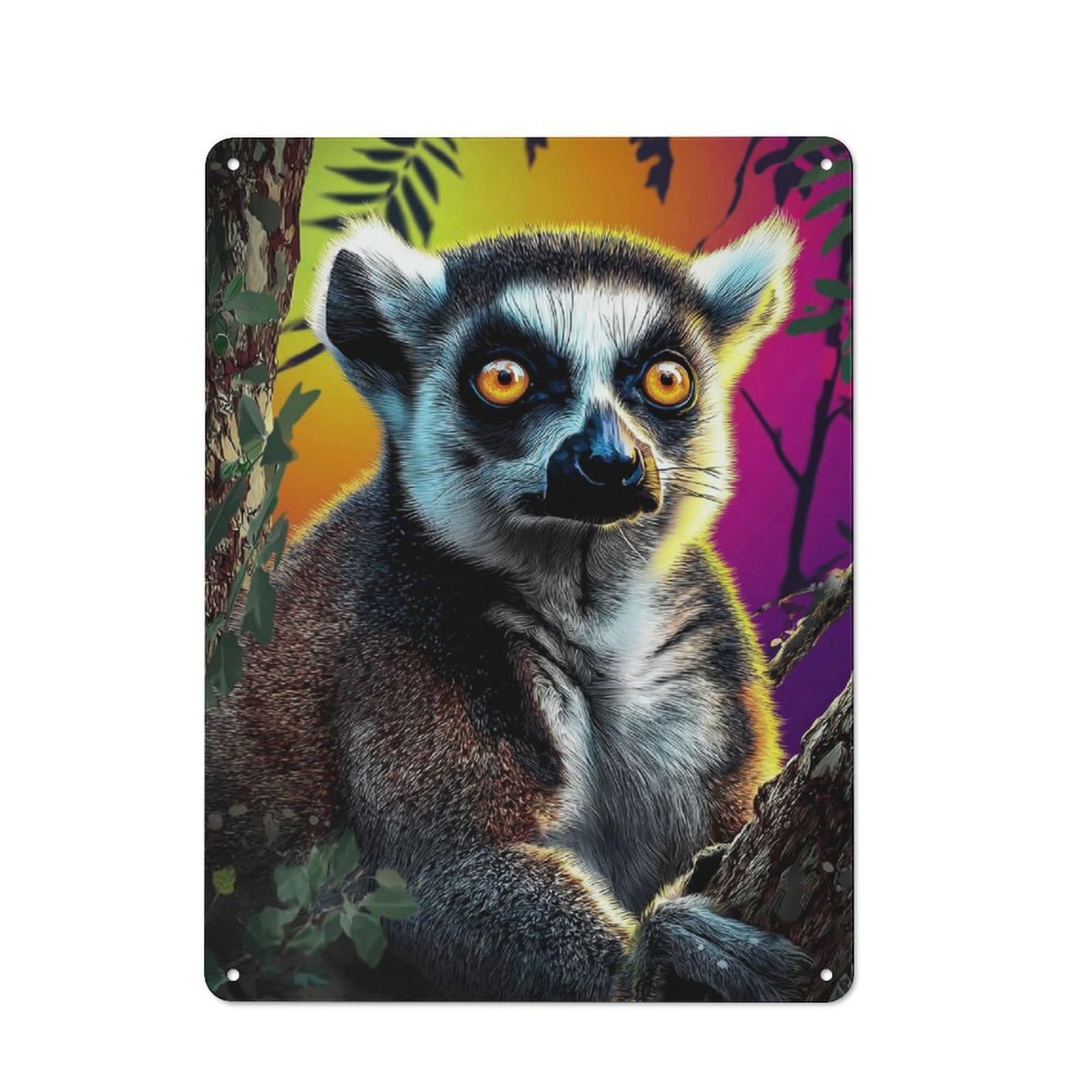 Junmoney Colorful Lemur In Vibrant Forest Tin Wall Plaque 40X30cm With For Café Or Restaurant, Suited To Restaurant Decor Fans