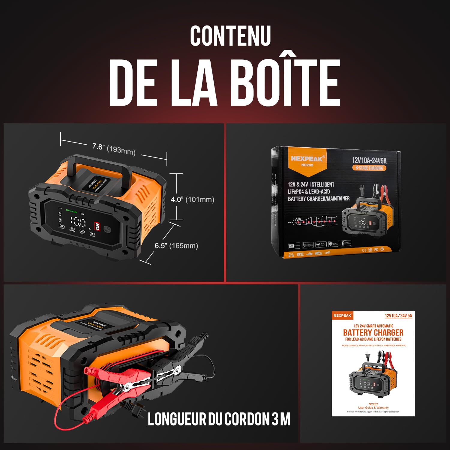 Chargeur de Batterie Intelligent 10A, 12V 24V LiFePO4 Chargeurs de Batterie pour Auto, Mainteneur de Automatique avec Compensation de Température pour Voiture Moto Camion, AGM, Gel, Wet, SLA