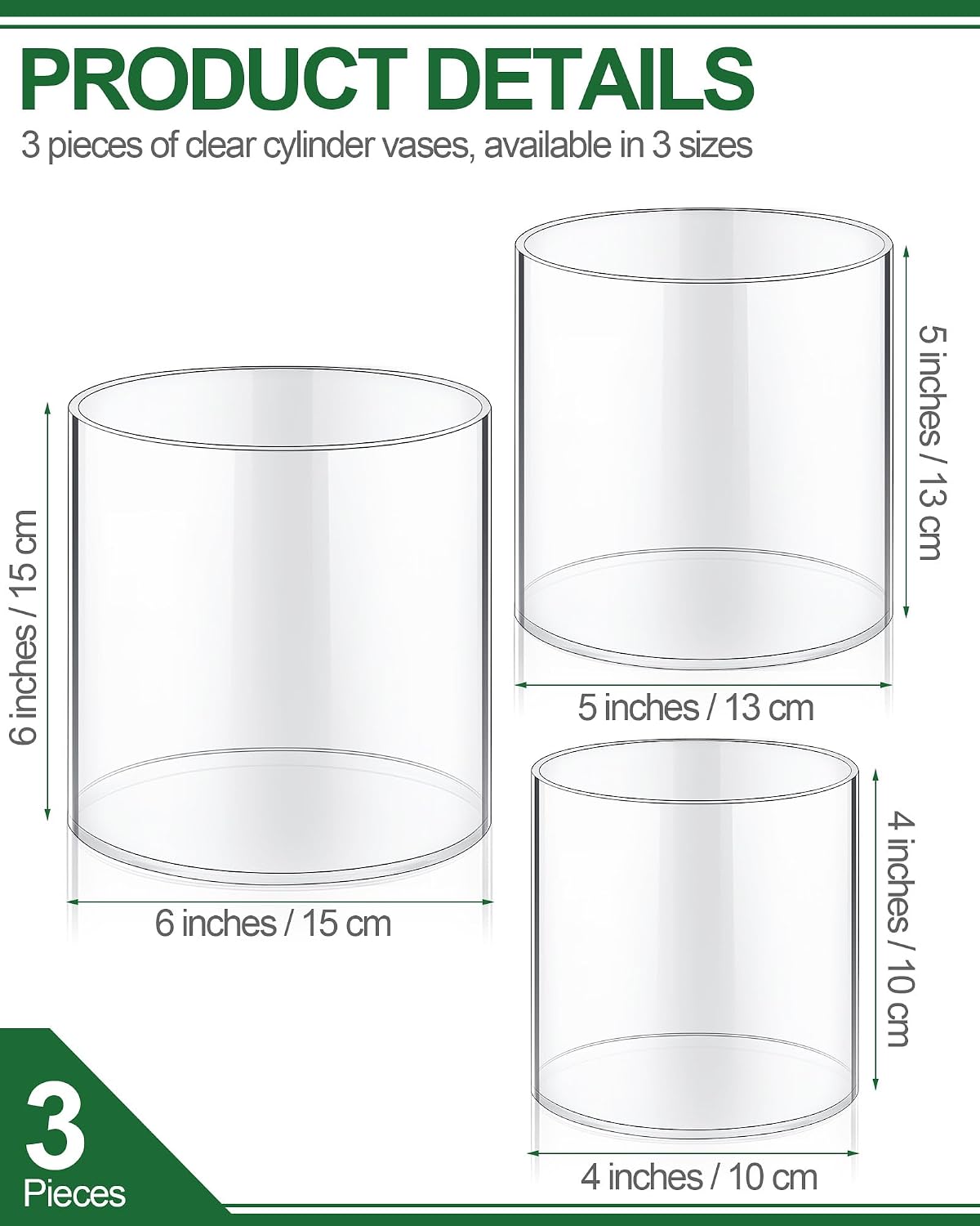 meekoo 3 Pcs Flower Acrylic Vase Cylinders Round Decorative 6 x 6 in, 5 x 5 in, 4 x 4 in Vase Break Resistant Acrylic Flower Cylinder for Centerpiece Home Wedding Decor(Classic)