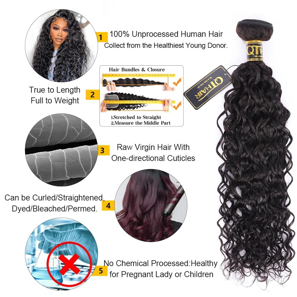 QTHAIR Water Wave Human Hair Bundles with Transparent HD Lace Closure 18A Unprocessed Virgin Curly Human Hair Bundles with 4x4 Swiss Closure (Natural Black,18" 20" 22"+16") Pre Plucked