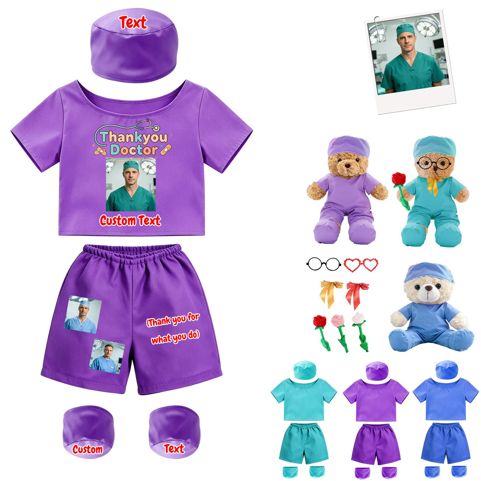 DRAJOIN Custom Doctor Teddy Bear Clothes 4Pcs Set with Scrub Top Pants Cap and Foot Covers, Fit 8-16 Inch Stuffed Animal Clothing with Photo Name as Gift for Doctors Nurses Kids Career Pretend Play