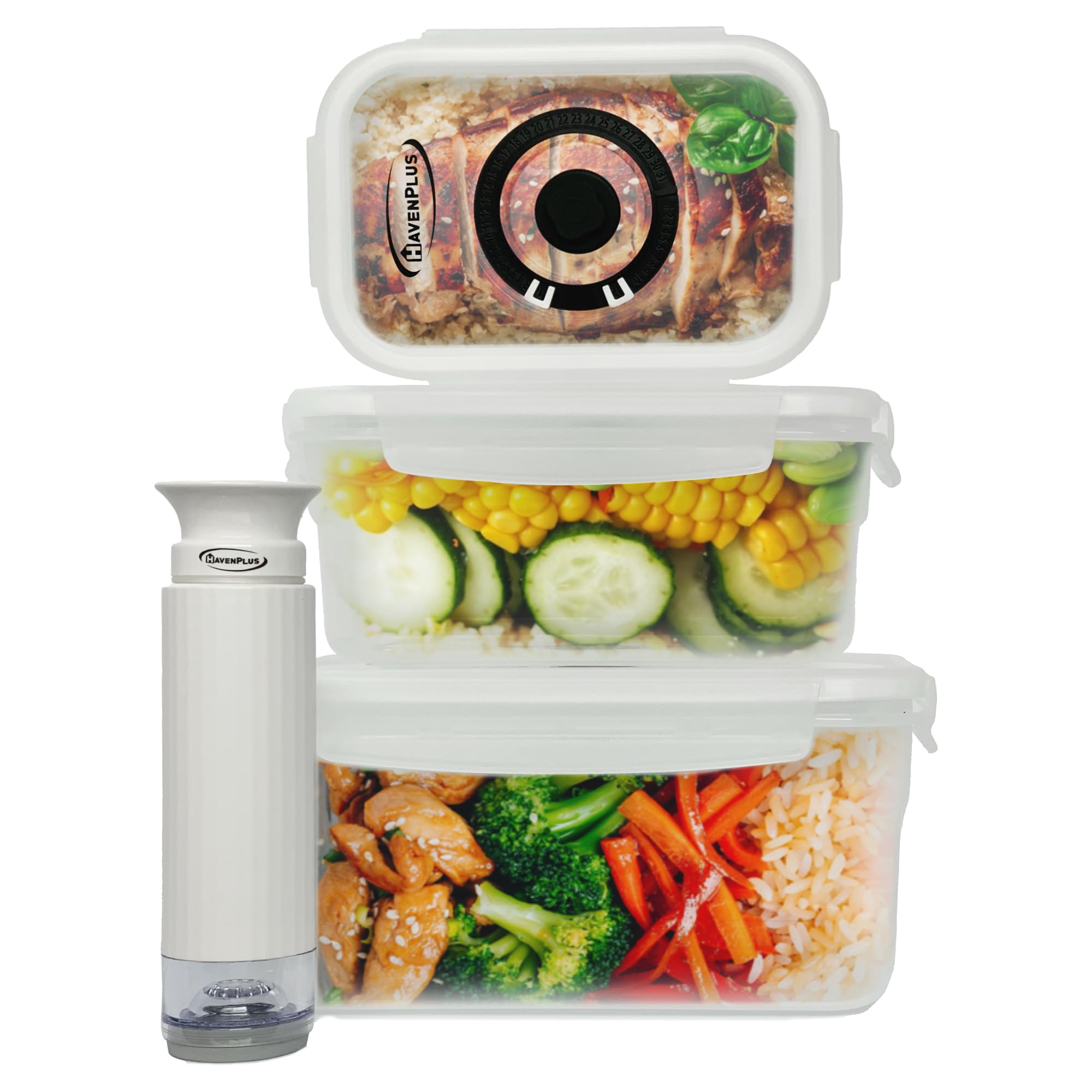 Food Vacuum Plastic Storage Container Set with Automatic and Manual Pump and Lids, Built-in Date Indicator, 3 pieces, BPA Free, Leak Proof, Keep Food Fresh Up to 4 Times Longer