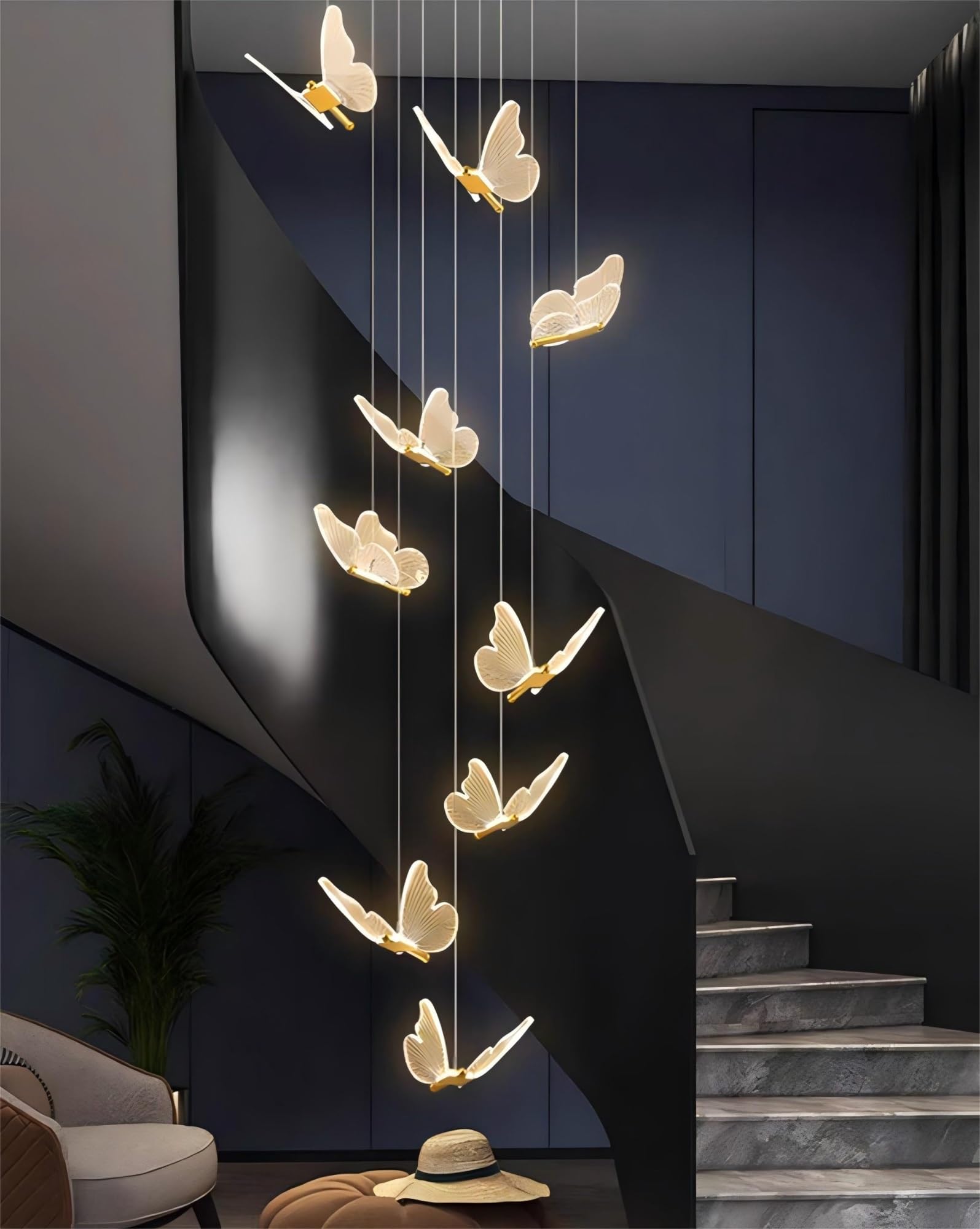 RuiRfh Chandelier LED butterfly shape decorative staircase Pendant Light height adjustable villa indoor large golden ceiling lamp dimmable suitable for living room restaurant hotel bar Hanging Lamp(Di