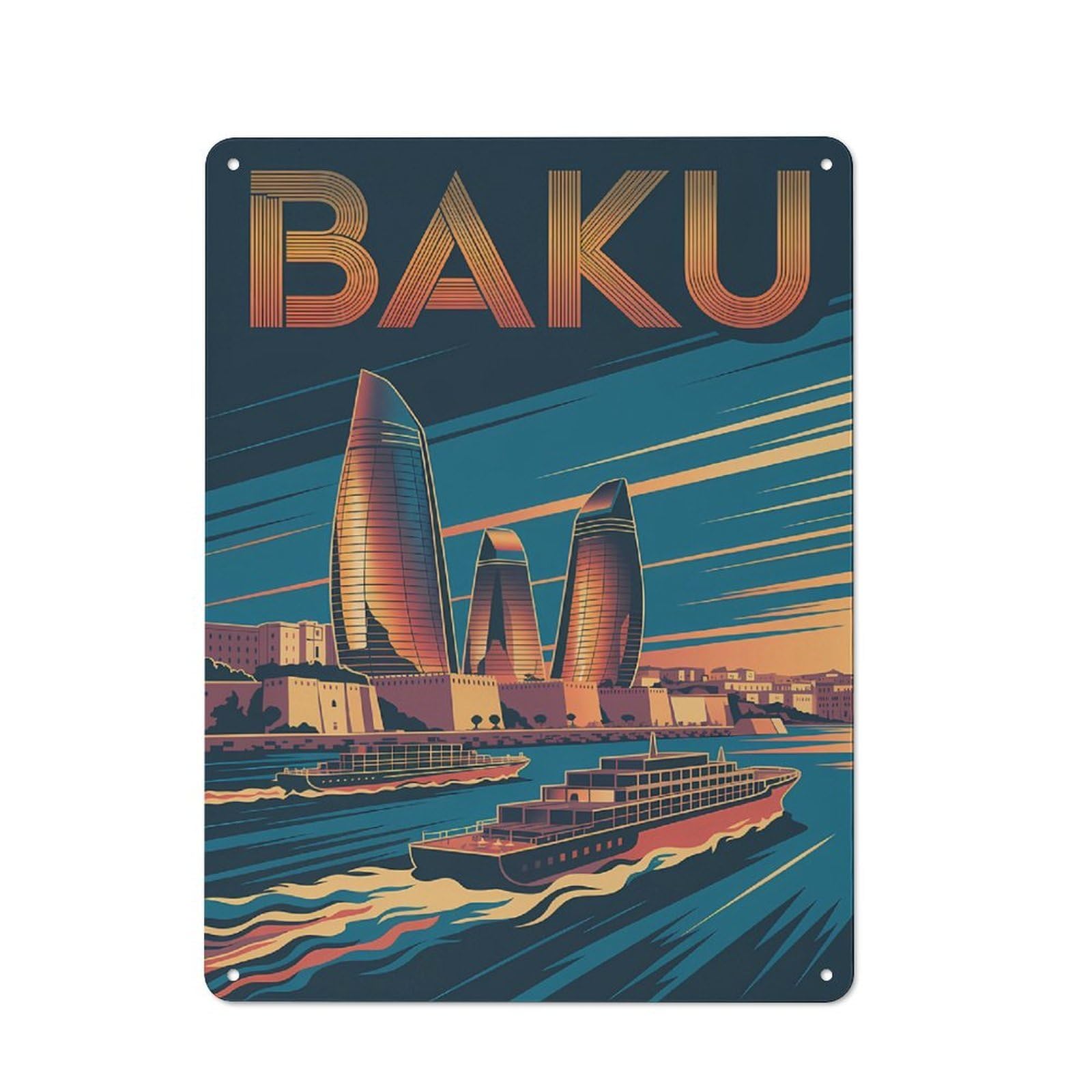 Junmoney Style-17 Tin Wall Plaque 40X30cm With Baku Cityscape Travel For Hallway Wall, A Decorative Metal Sign For Hallways And Entrance Areas
