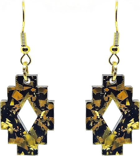 Boho Black and Gold Sparkle Dangle & Drop Earrings, Handmade, Metal for Sensitive Ears- Statement Earrings (Aztec Dangle Earrings)
