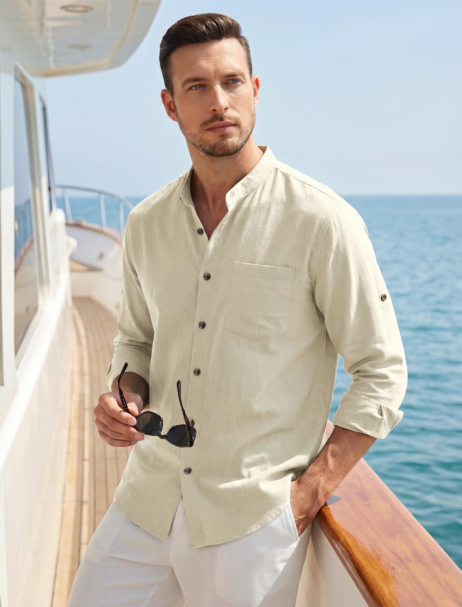 Enlision Chemise en Lin Homme Manches Longues Chemise Homme Été Col Mao Leger Respirant et Décontractée pour La Plage Henley Shirt S-4XL