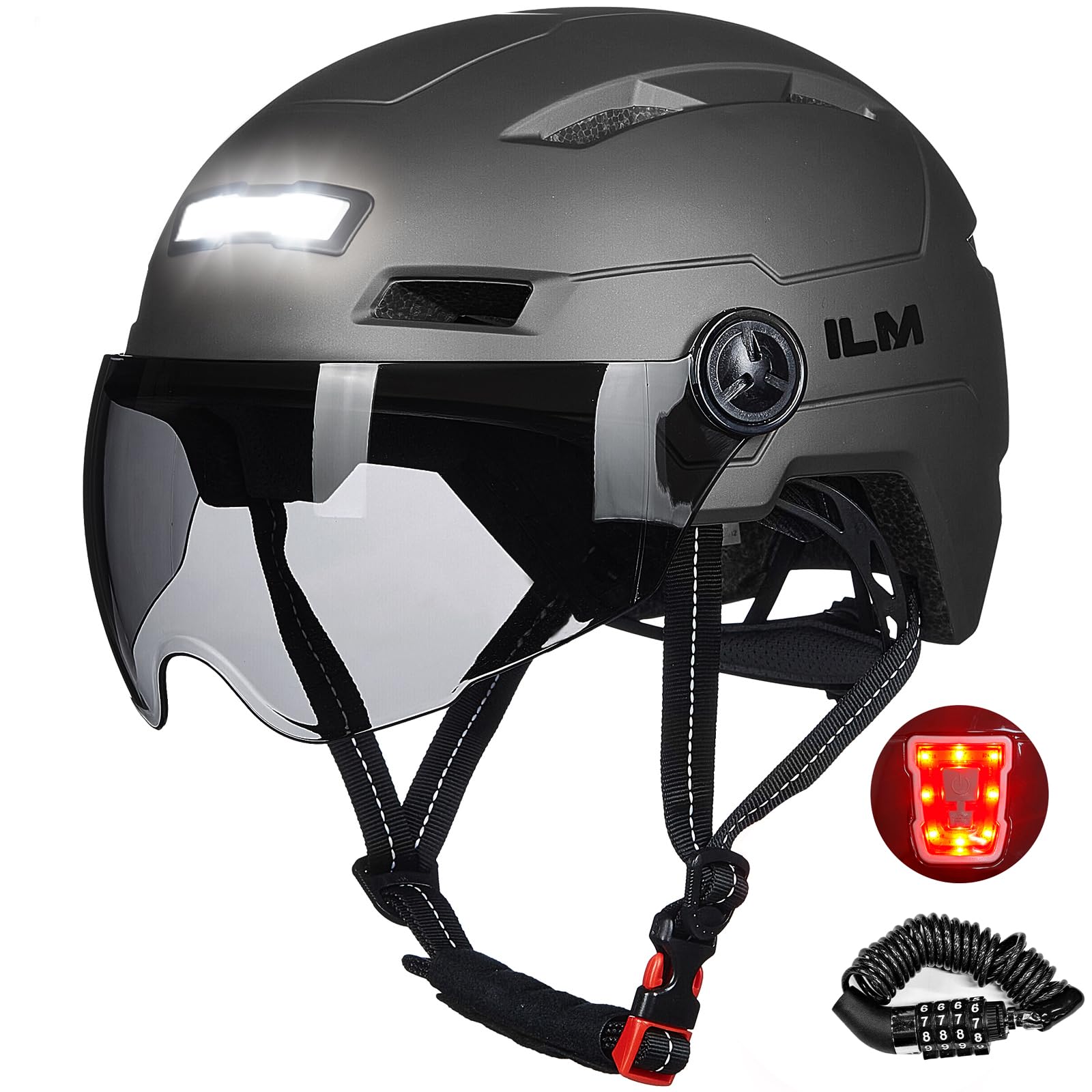 ILM Bike Helmet Men Women with Lock USB Front and Back Light Unisex Adult for Cycling Bicycle Scooter E3-10L,Grey,XS