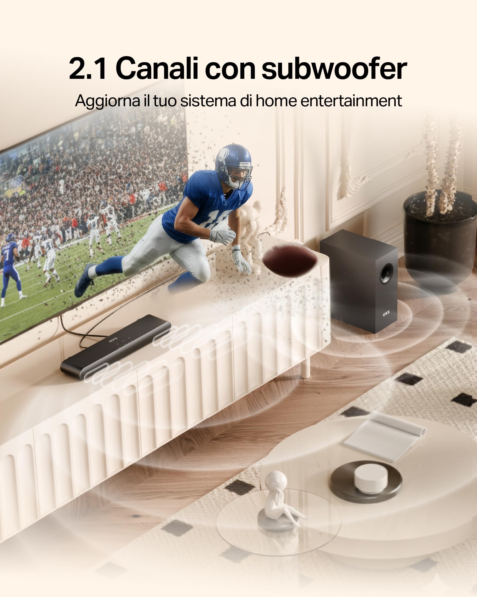 OXS S21 Soundbar, 2.1 Canali con Subwoofer, Suono Preciso con Basso Profondo, 180 W, 3 Modalità EQ, Ultra Compatto, per Home Theater/Musica/Gioco, Compatible con TV, PC, XBOX, PS4/5, Telefono