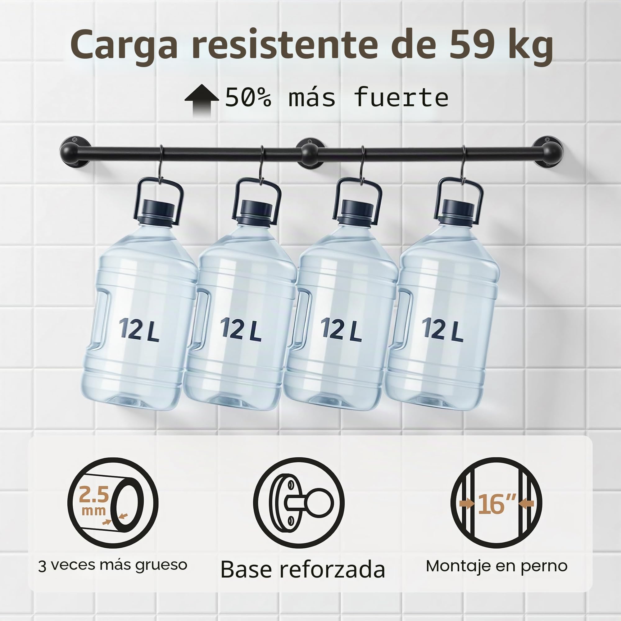 KES Estante para ollas de alta capacidad de 130 libras montado en la pared con 3 tubos gruesos, ganchos para ollas de 32 pulgadas para cocina con 10 ganchos, tornillo de acero inoxidable 18/8 y