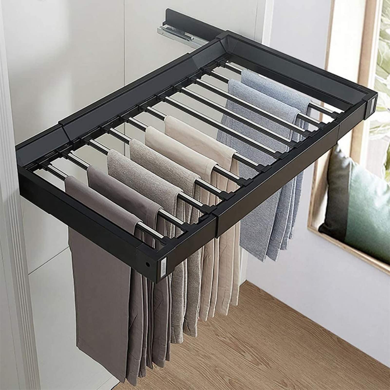 WMYYZYQ Retractable Trouser Rack for Closet, Adjustable 33.4-47.2in Pull-Out Sliding Rail, Wardrobe Drawer Jeans & Scarf Organizer with Buffer System, Space-S,45-60cm/17.7-23.6in