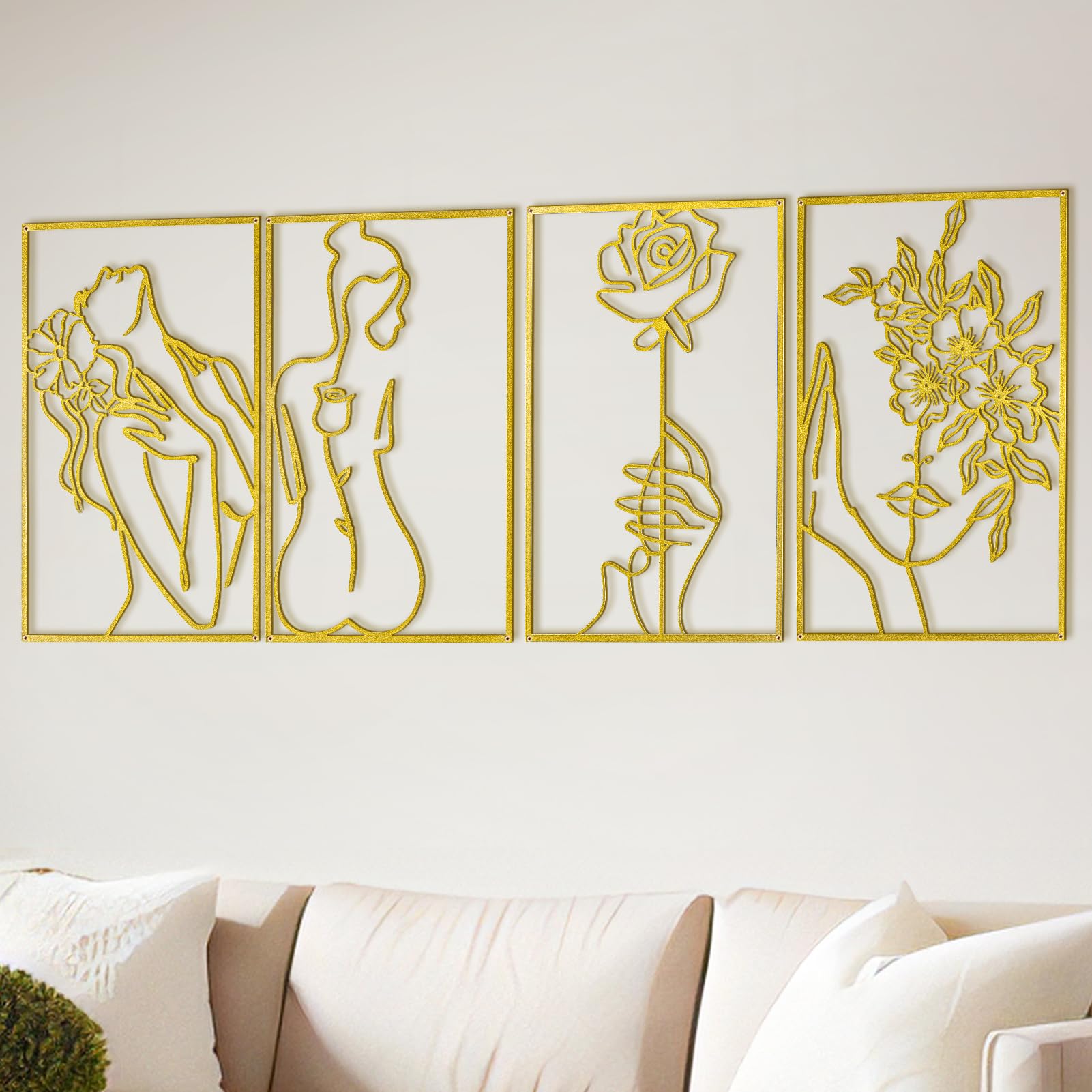 Hoemwarm 4 Pack Flower Woman Metal Wall Art,Gold Minimalist Abstract Metal Art Set Floral Female Metal Line Drawing Hanging Wall Sculptures Art Decor