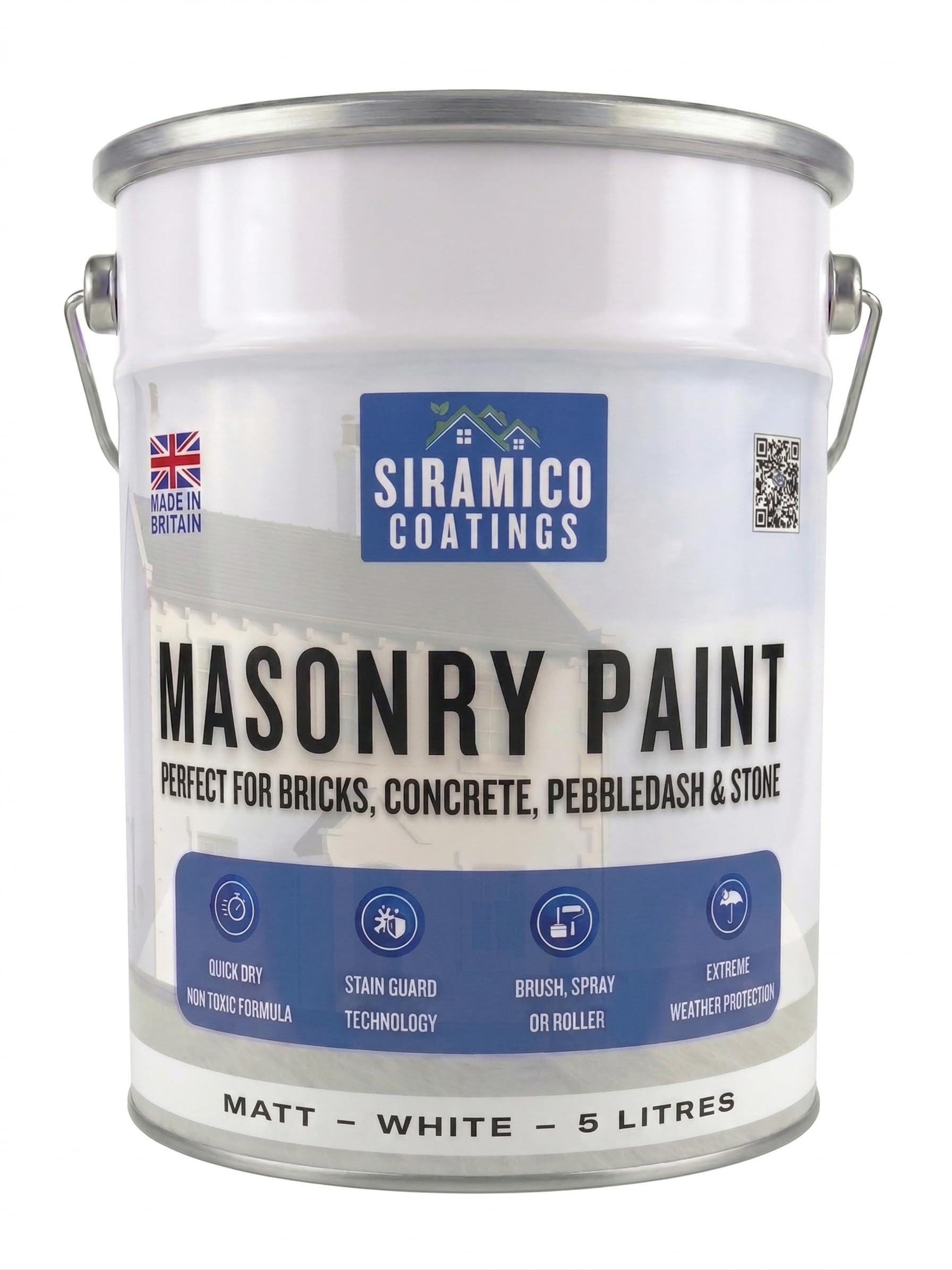 SIRAMICO COATINGS Masonry Paint | 5 Litres | Waterbased ECO Resin Technology | 7 Luxury Colours | Smooth Matt Finish for outdoor masonry protection | 10 Year Colour Guarantee (BRILLIANT WHITE)