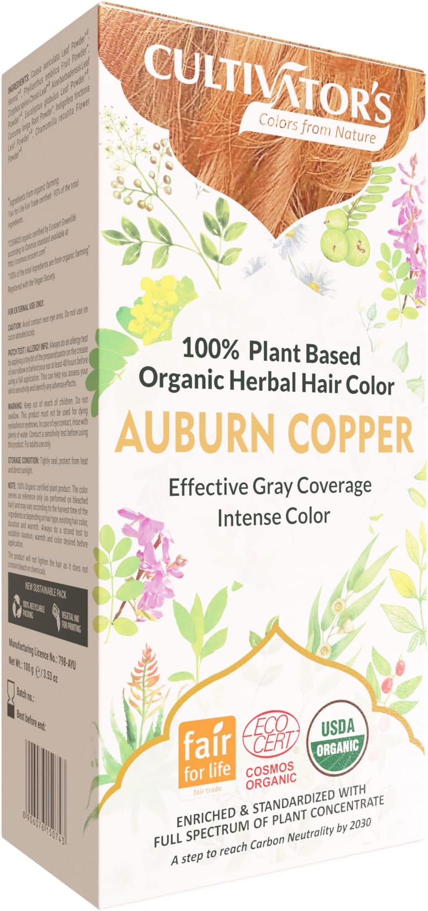 Cultivator's Organic Hair Colour - Herbal Hair Colour for Women and Men - Ammonia Free Hair Colour Powder - Natural Hair Colour Without Chemical, (Auburn Copper) - 100g